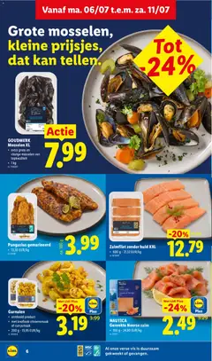 GOUDMERK Mosselen XL, extra grote en vlezige mosselen van topkwaliteit, • 1 kg, nr. 7406007 - Voorbeeld van een folder van Lidl, geldig van 06/07/2026 | Pagina: 6 | Producten: Zalm, Vis, Kekszek, Kan