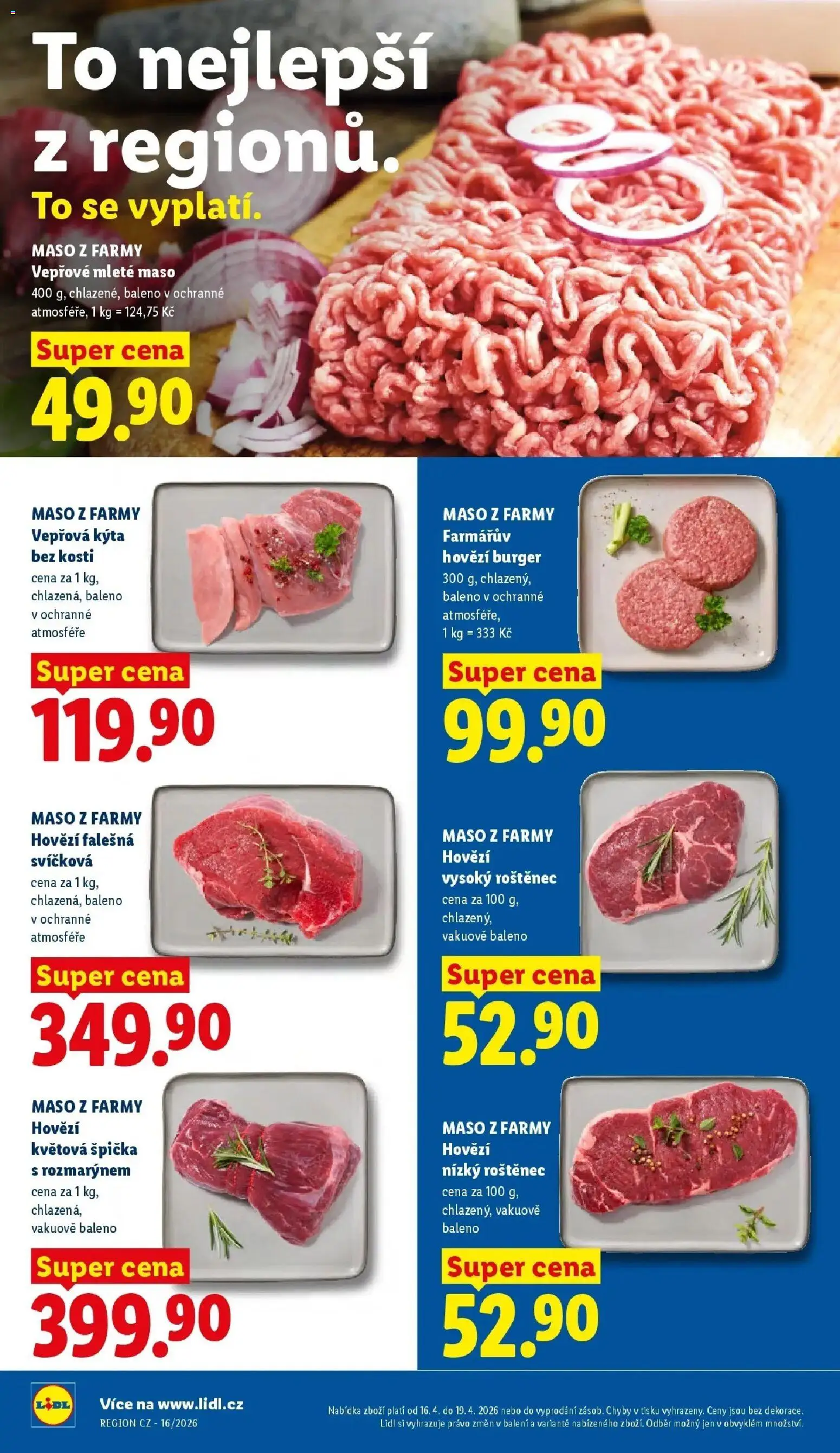 Lidl aktuální leták od 16.04.2026 | Strana: 14 | Produkty: Hovězí falešná svíčková, Hovězí burger, Vepřová Kýta, Kýta