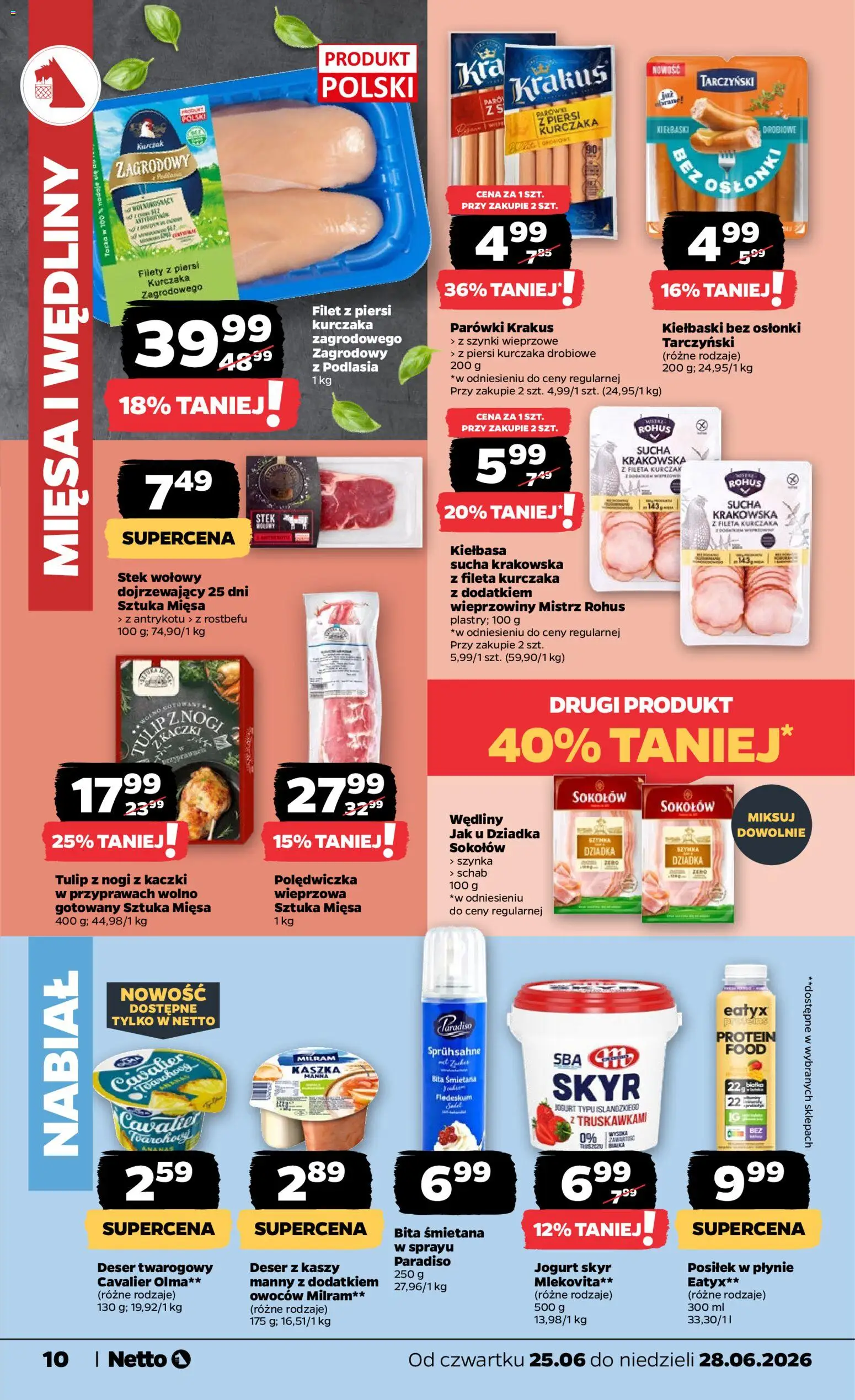 Netto gazetka od czwartku spożywcza od 25.06.2026 | Strona: 10 | Produkty: Kiełbasa, Schab, Wędliny, Filet z piersi kurczaka