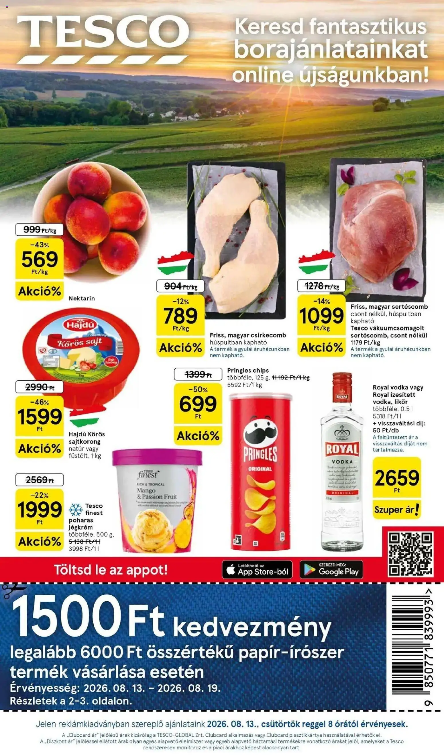Tesco akciós ujság - amely érvényes a következő dátumtól: 2026.08.13. | Oldal: 1 | Termékek: Nektarin, Sajt, Vodka, Mangó