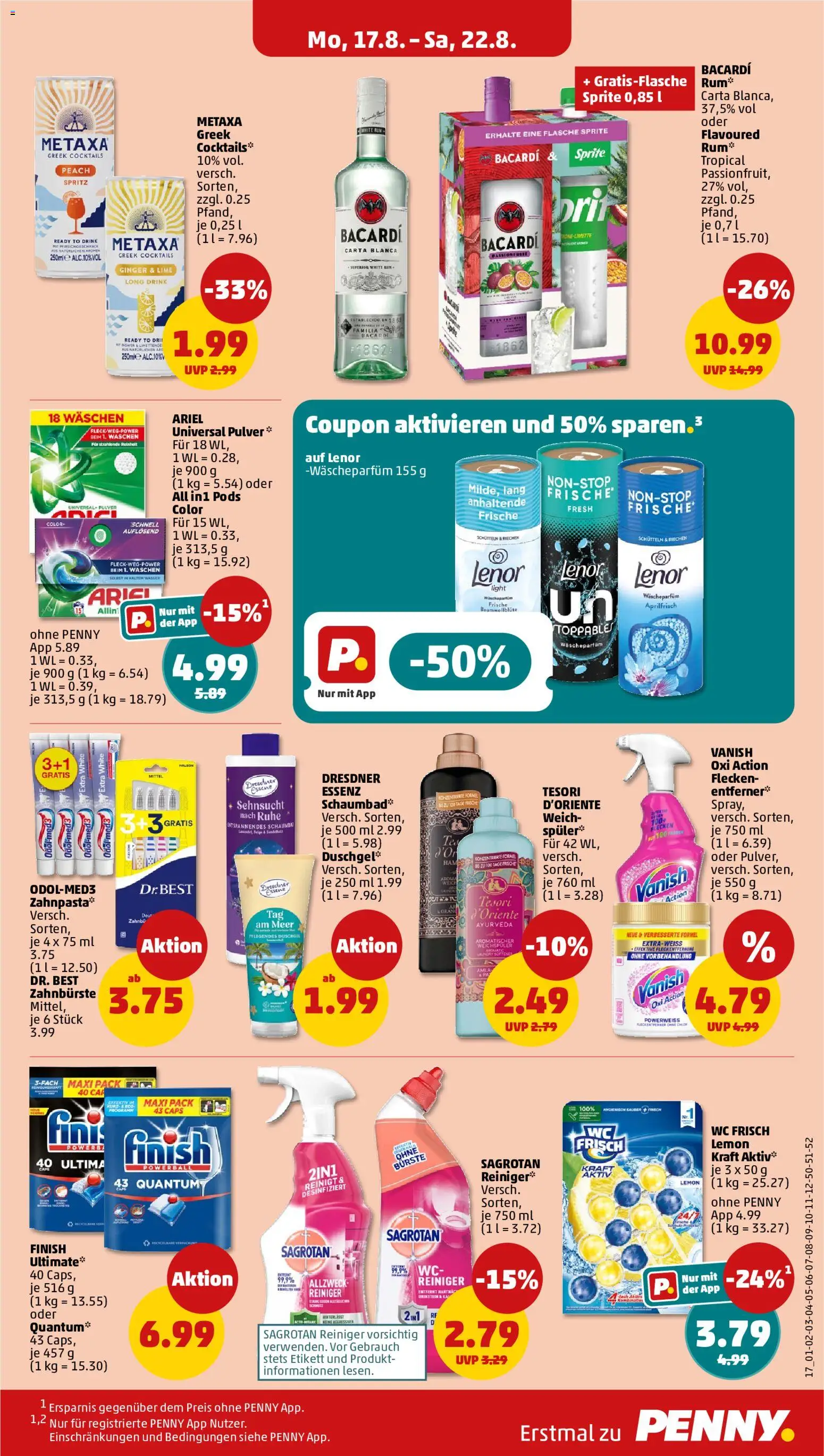 Penny Prospekt – gültig ab 17.08.2026 | Seite: 23 | Produkte: Rum, Finish, Duschgel, Zahnpasta