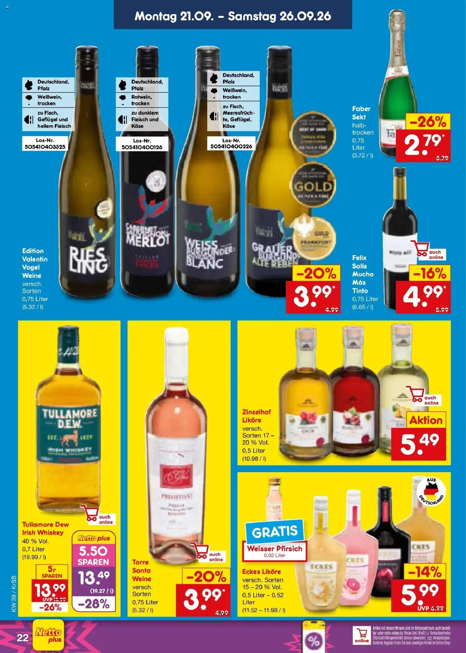 Netto Marken-Discount Prospekt Baesweiler – gültig ab 21.09.2026 | Seite: 30 | Produkte: Käse, Pfirsich, Fleisch, Whiskey