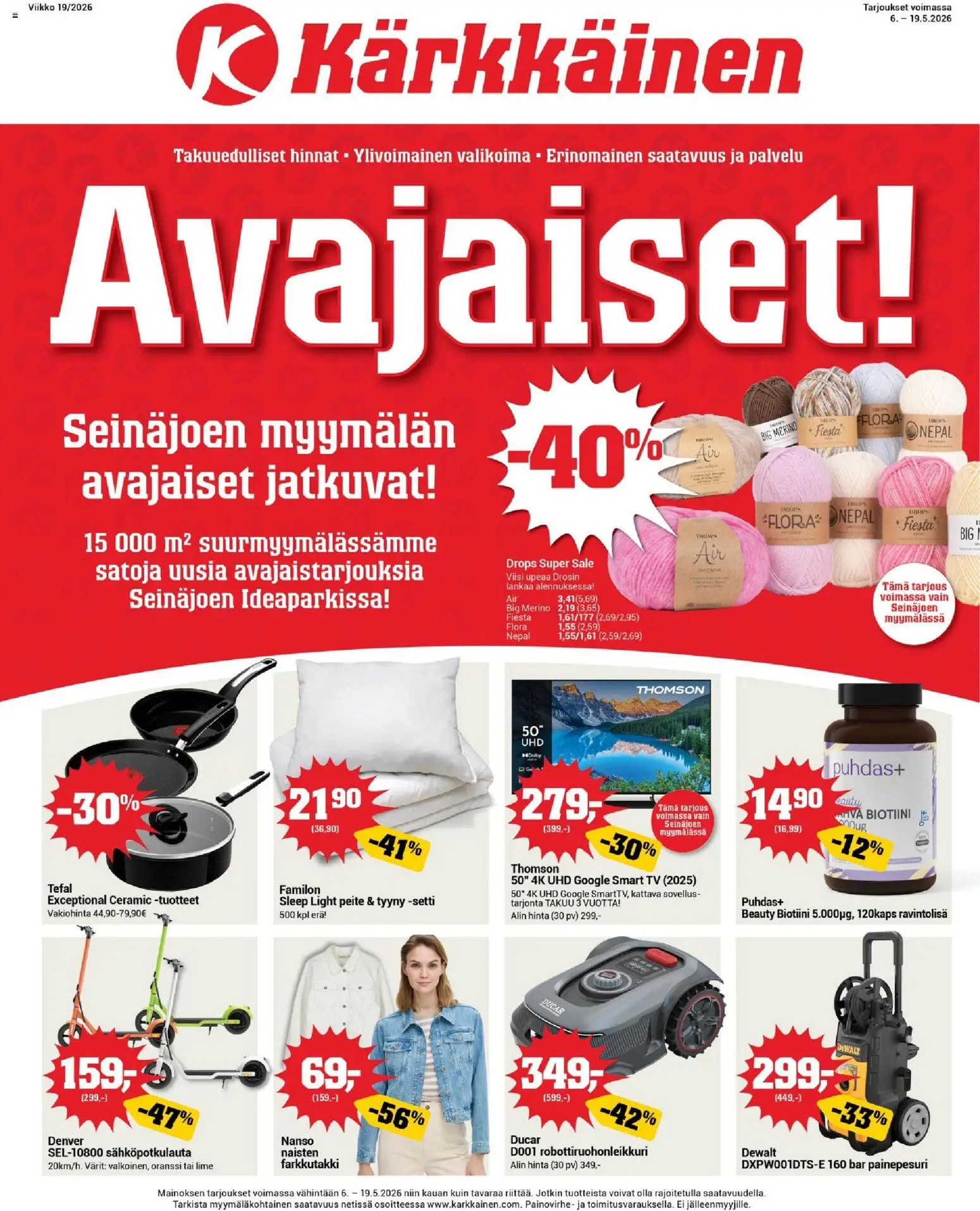 Kärkkäinen tarjoukset - Seinäjoen alue – voimassa 06.05.2026 alkaen | Sivu: 1 | Tuotteet: Robottiruohonleikkuri, Sähköpotkulauta, Tyyny, TV