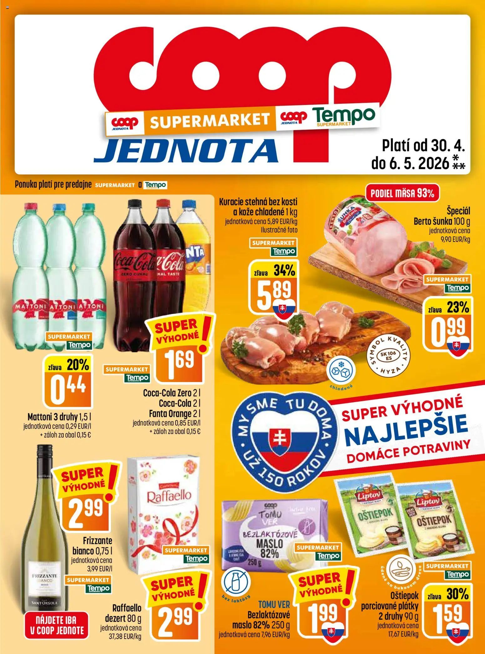 Nové COOP Jednota akcie – leták je platný od 30.04.2026 | Strana: 13 | Produkty: Maslo, Šunka, Kuracie stehná, Mattoni