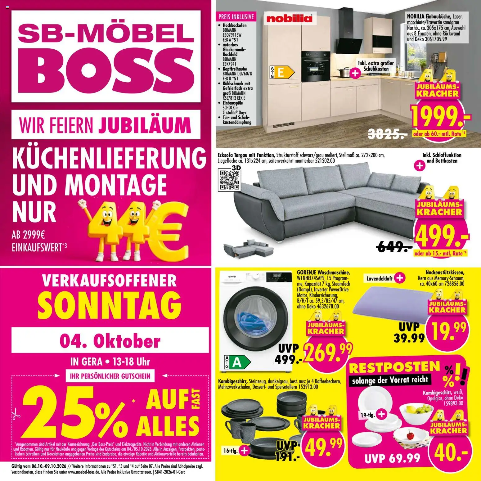 SB Möbel Boss Prospekt Gera – gültig ab 06.10.2026 | Seite: 1 | Produkte: Ecksofa, Tür, Kochfeld, Uhr