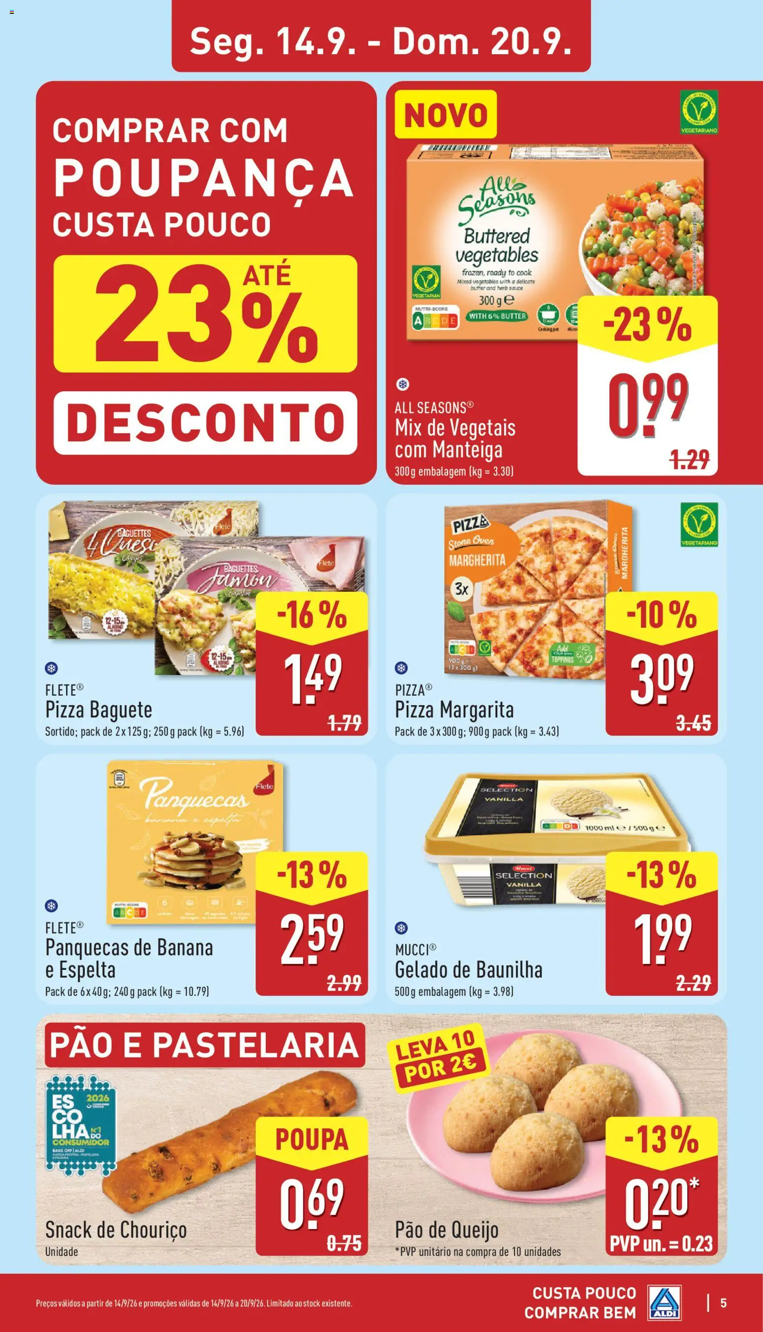 Aldi folheto │ válido de 14/09/2026 | Página: 5 | Produtos: Baunilha, Baguete, Chouriço, Pão e pastelaria