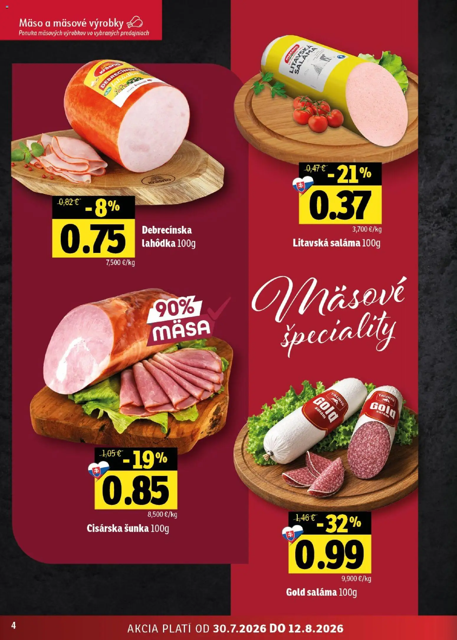 Nové Fresh akcie – leták je platný od 30.07.2026 | Strana: 4 | Produkty: Saláma, Šunka