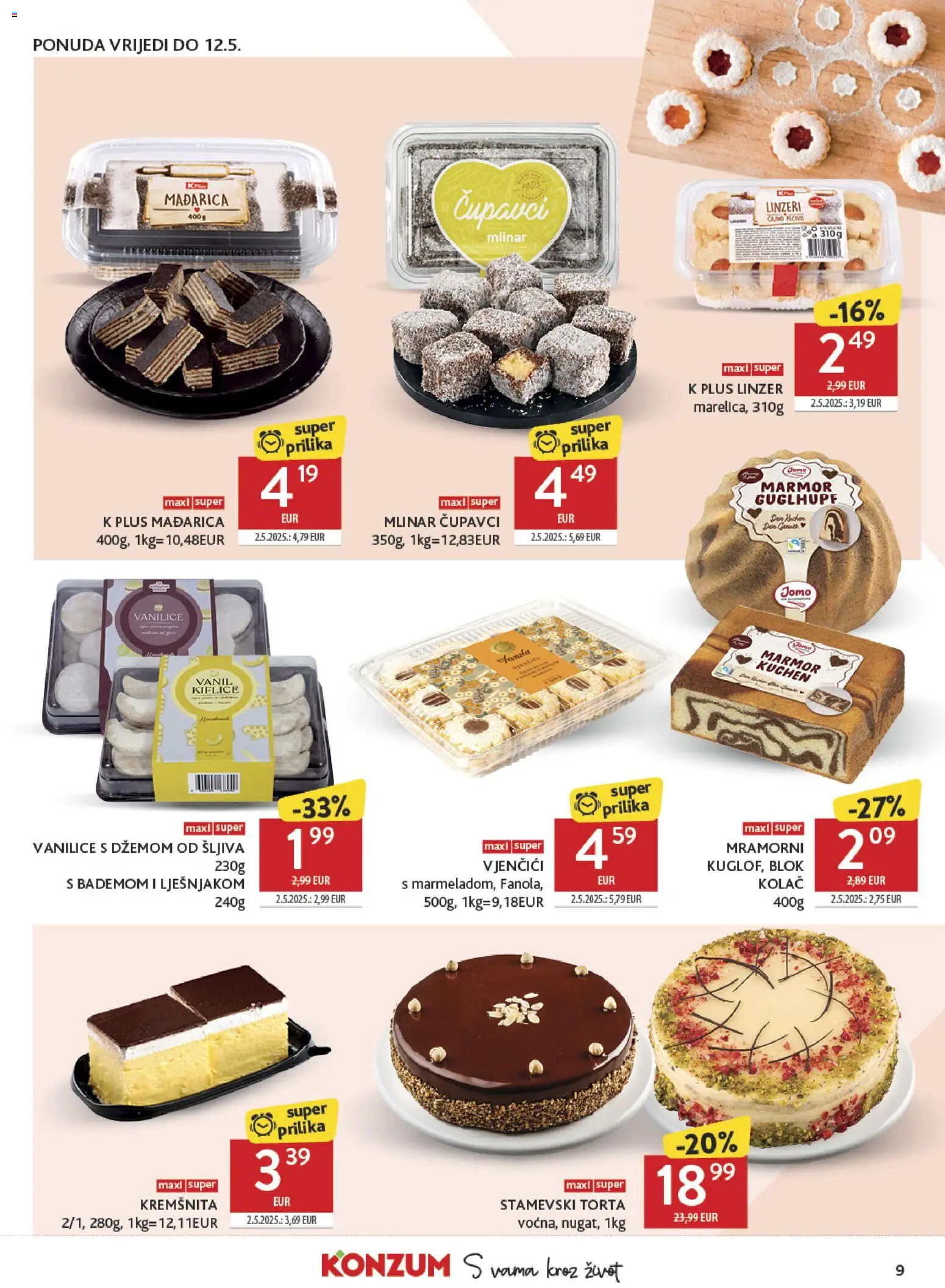 Konzum HR akciós ujság - amely érvényes a következő dátumtól: 06.05.2026 | Oldal: 9 | Termékek: Torta, Linzer