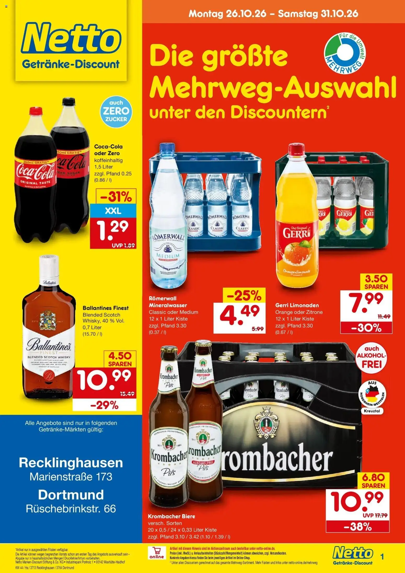 Netto Marken-Discount Prospekt Dortmund – gültig ab 26.10.2026 | Seite: 1 | Produkte: Whisky, Pils, Alkohol, Zitrone