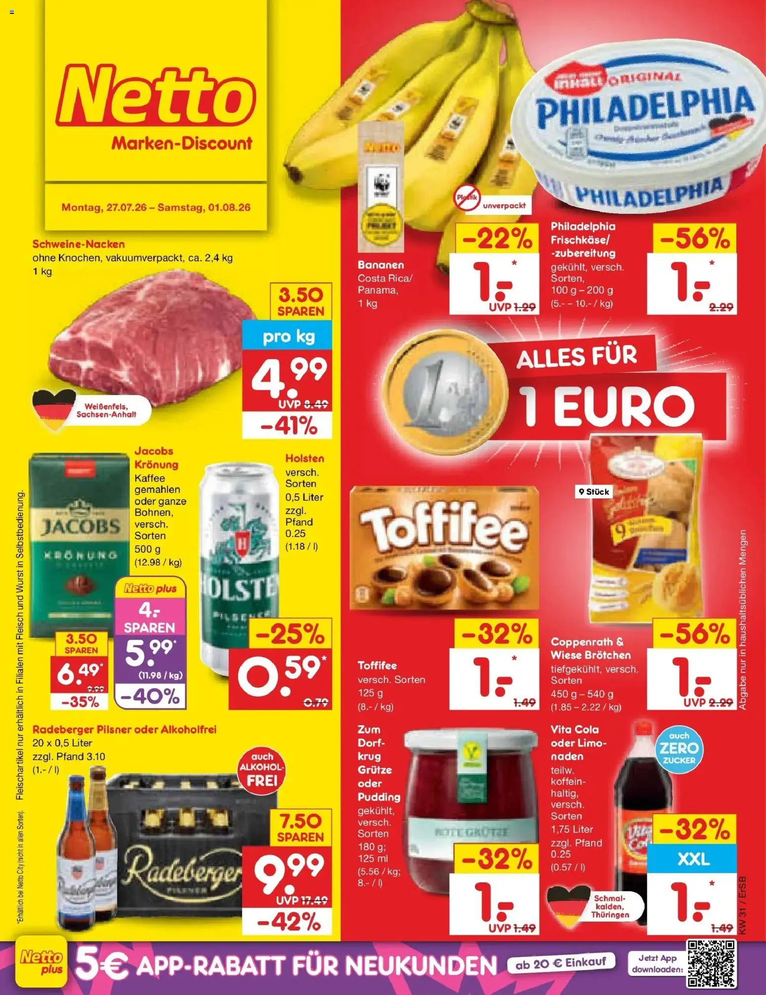 Netto Marken-Discount Prospekt Naumburg – gültig ab 27.07.2026 | Seite: 1 | Produkte: Philadelphia, Bananen, Pudding, Vita cola