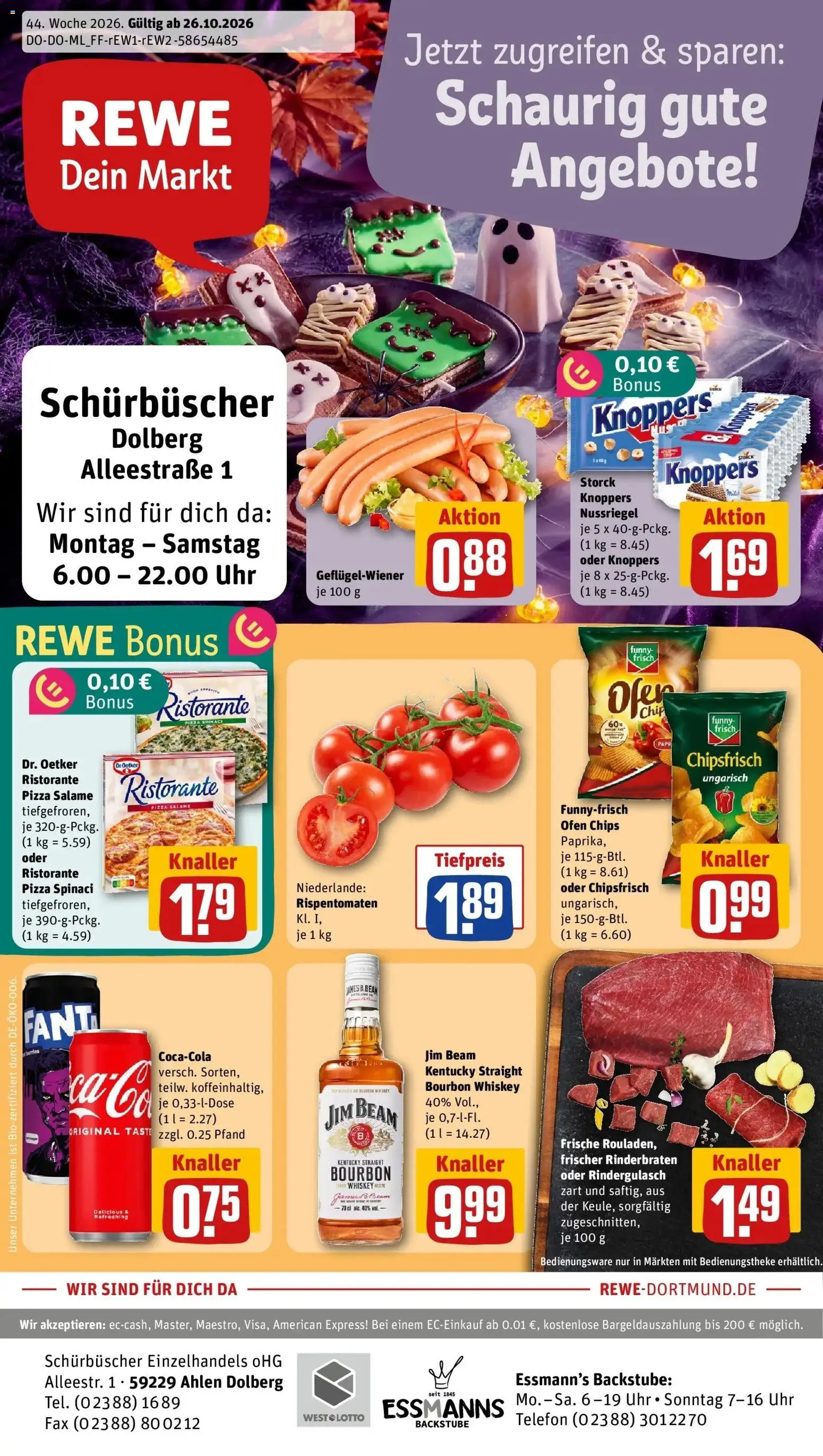REWE Prospekt ab 26.10.2026 zum Blättern » Angebote | Seite: 1 | Produkte: Ofen, Knoppers, Pizza, Whiskey