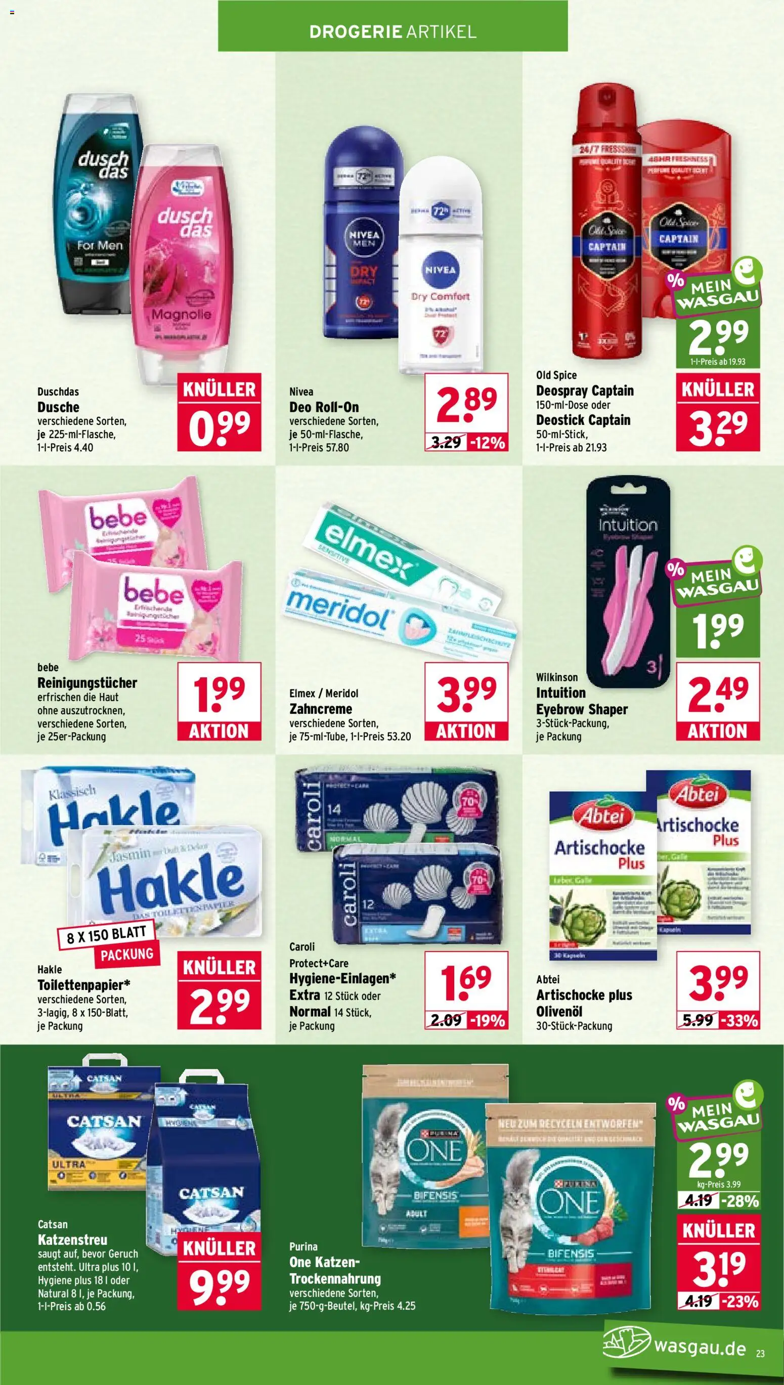 Wasgau Prospekt – gültig ab 10.08.2026 | Seite: 23 | Produkte: Dusche, Duschdas, Reinigungstücher, Deospray