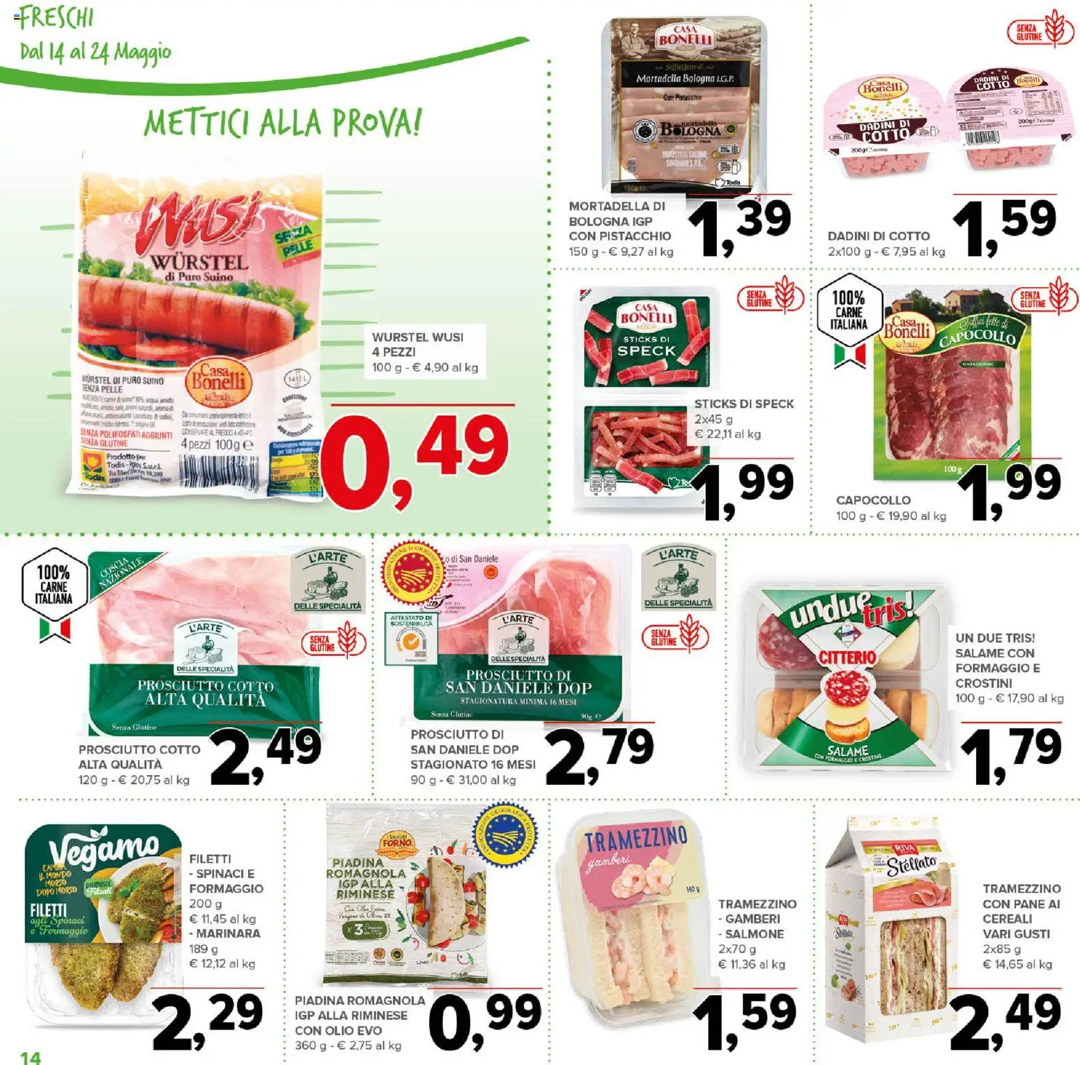 Volantino Todis del 14.05.2026 | Pagina: 14 | Prodotti: Salmone, Prosciutto, Mortadella, Tramezzino