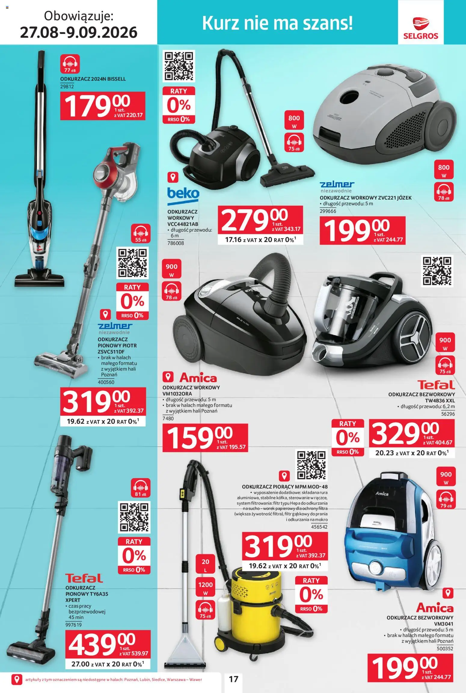 Selgros cash&carry gazetka - Sprzątanie od 27.08.2026 | Strona: 17 | Produkty: Odkurzacz, Odkurzacz bezworkowy, Odkurzacz pionowy, Tefal