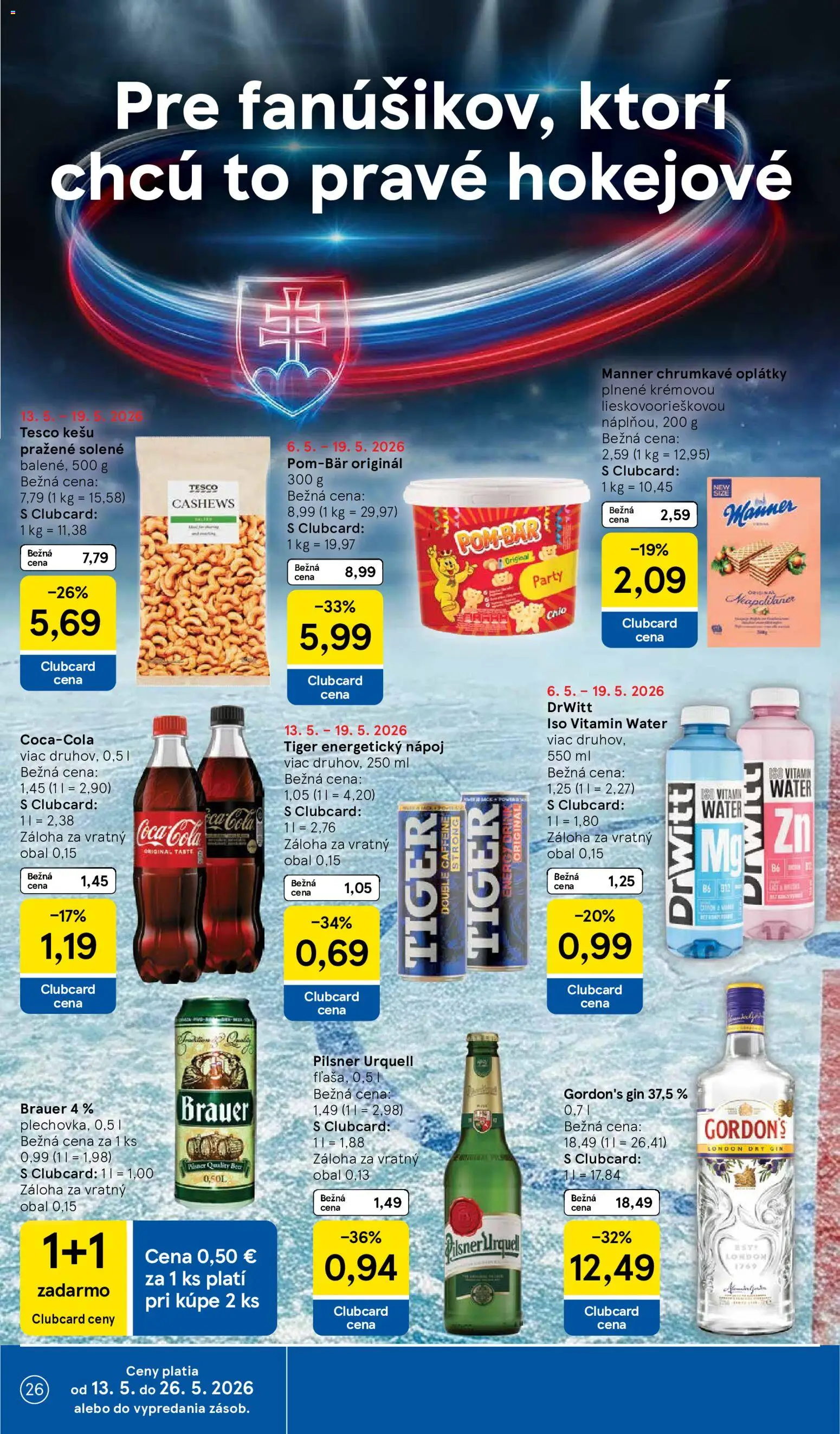 Nové Tesco akcie – leták je platný od 13.05.2026 | Strana: 26 | Produkty: Pilsner Urquell, Gin, Cola, Energetický nápoj