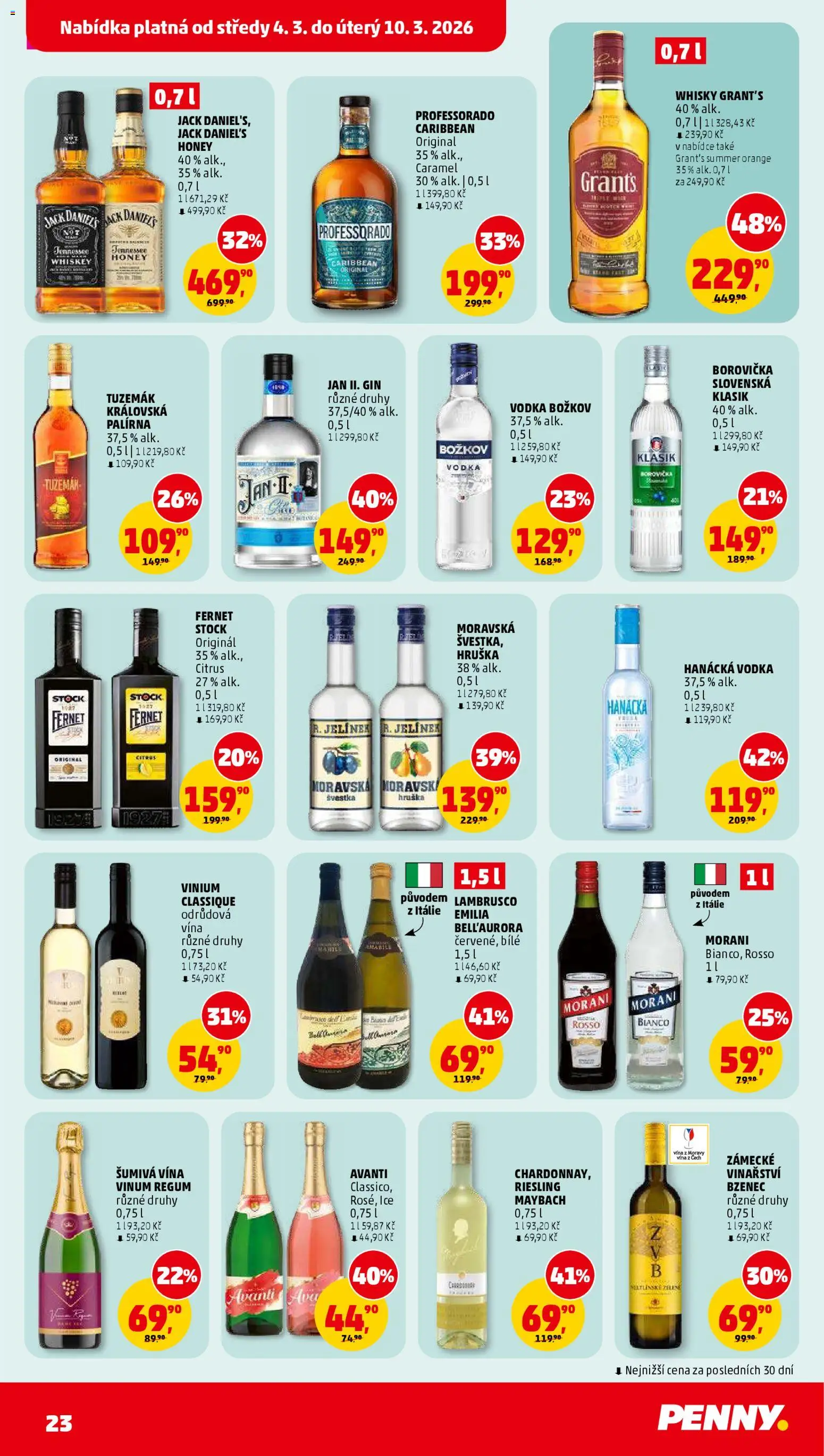 Penny Market leták od 04.03.2026 | Strana: 23 | Produkty: Vodka Božkov, Vodka, Jack Daniel’s, Riesling