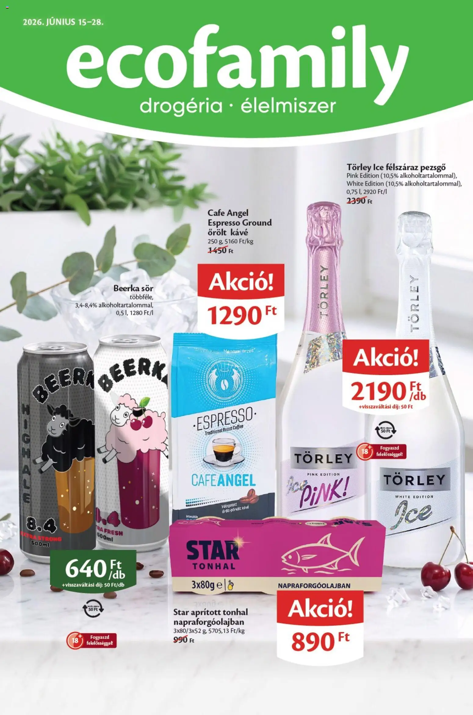 EcoFamily akciós ujság - amely érvényes a következő dátumtól: 15.06.2026 | Oldal: 1 | Termékek: Tonhal, Pezsgő, Kávé, Őrölt kávé