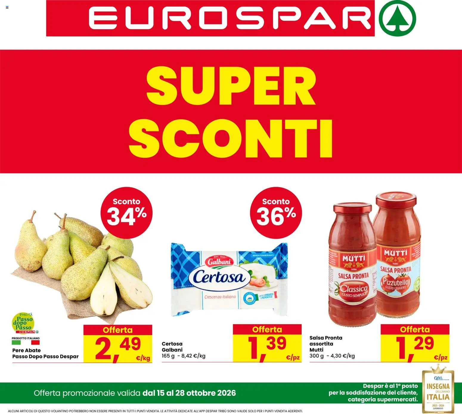 Volantino Eurospar del 15/10/2026 | Pagina: 1 | Prodotti: Pere, Salsa, Mutti, Crescenza