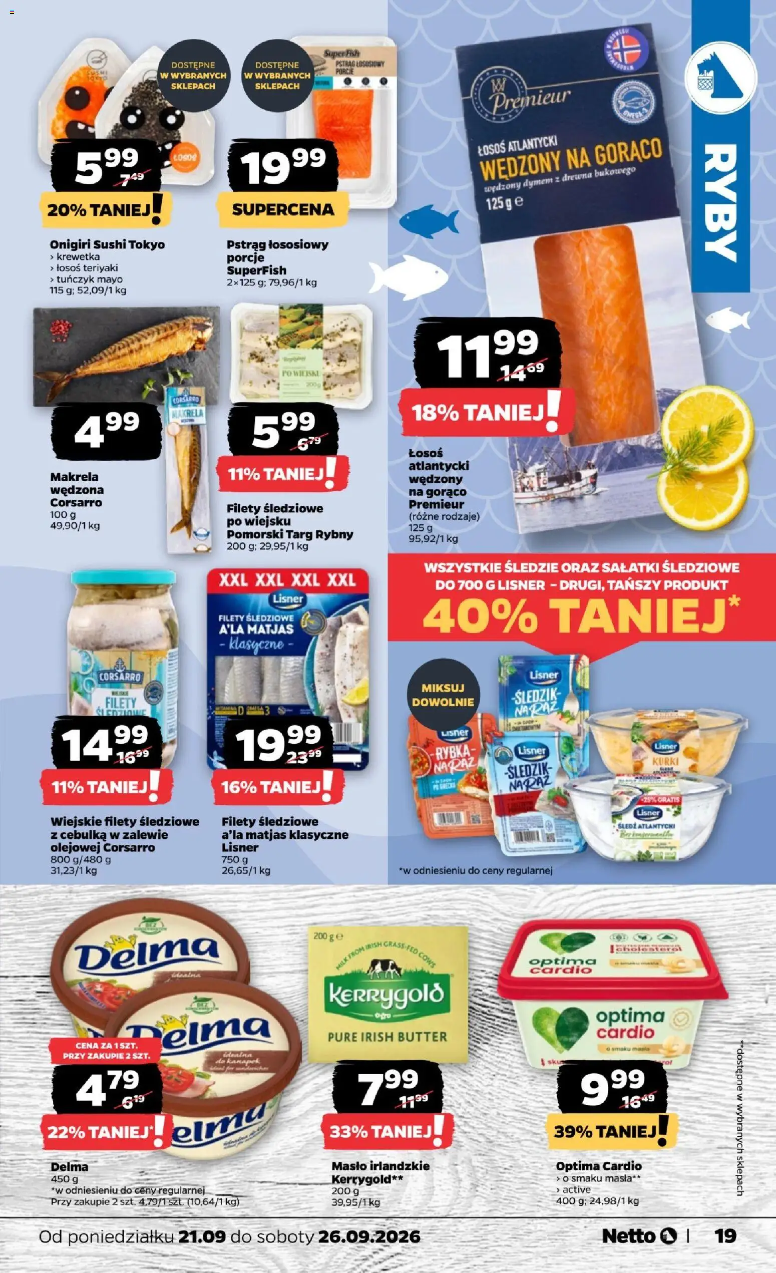 Netto gazetka od poniedziałku od 21.09.2026 | Strona: 19 | Produkty: Łosoś atlantycki, Kurki, Łosoś, Masło