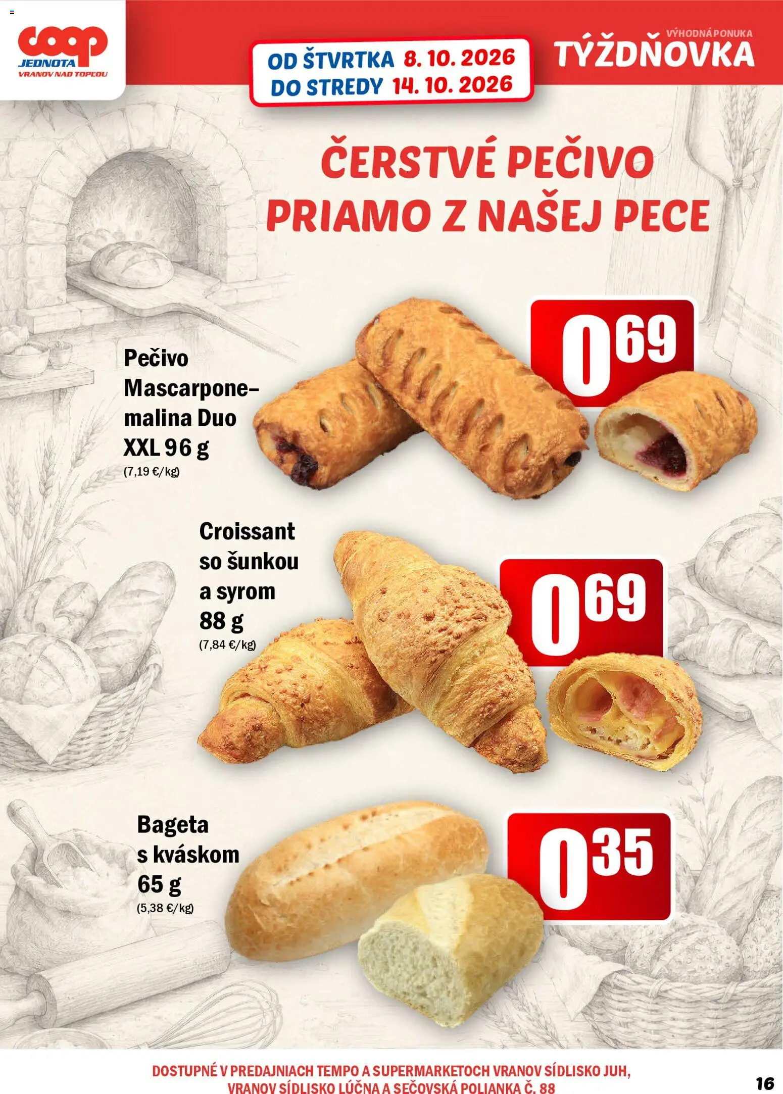 Nové COOP Jednota akcie – leták je platný od 08.10.2026 | Strana: 16 | Produkty: Croissant, Bageta, Mascarpone, Pečivo