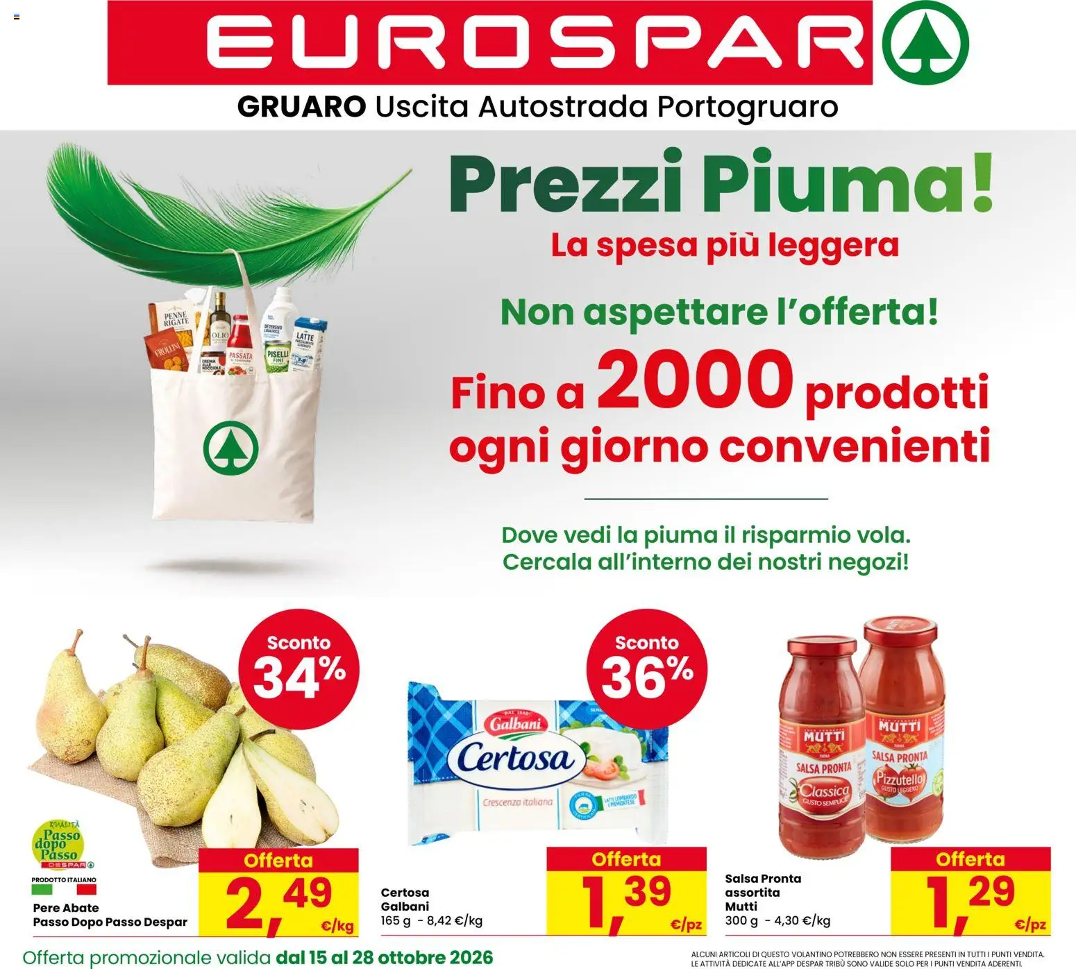 Volantino Eurospar del 15/10/2026 | Pagina: 1 | Prodotti: Piselli, Mutti, Mutti salsa, Penne