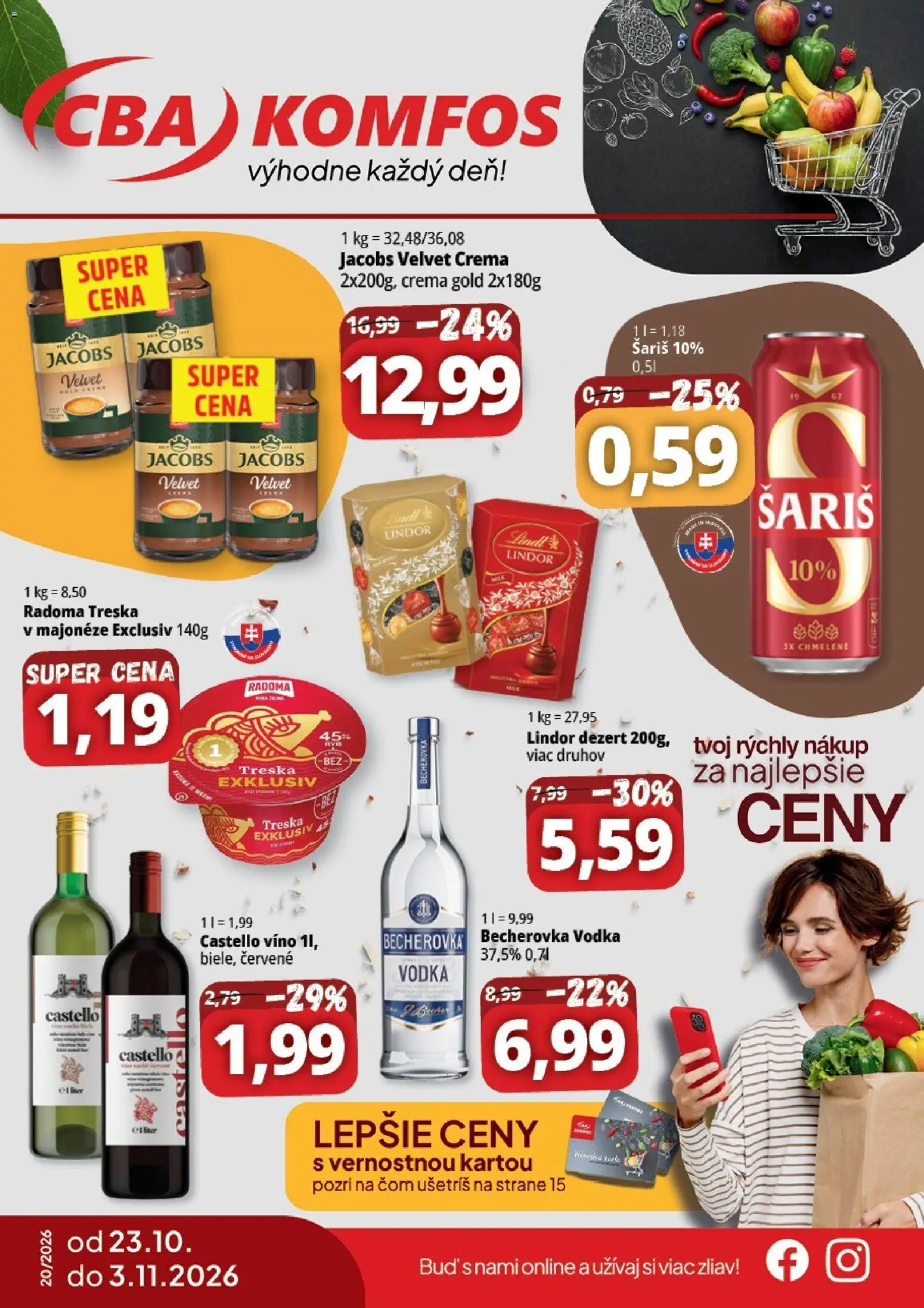 Nové CBA Komfos akcie – leták je platný od 23.10.2026 | Strana: 2 | Produkty: Becherovka, Lindor, Vodka, Dezert