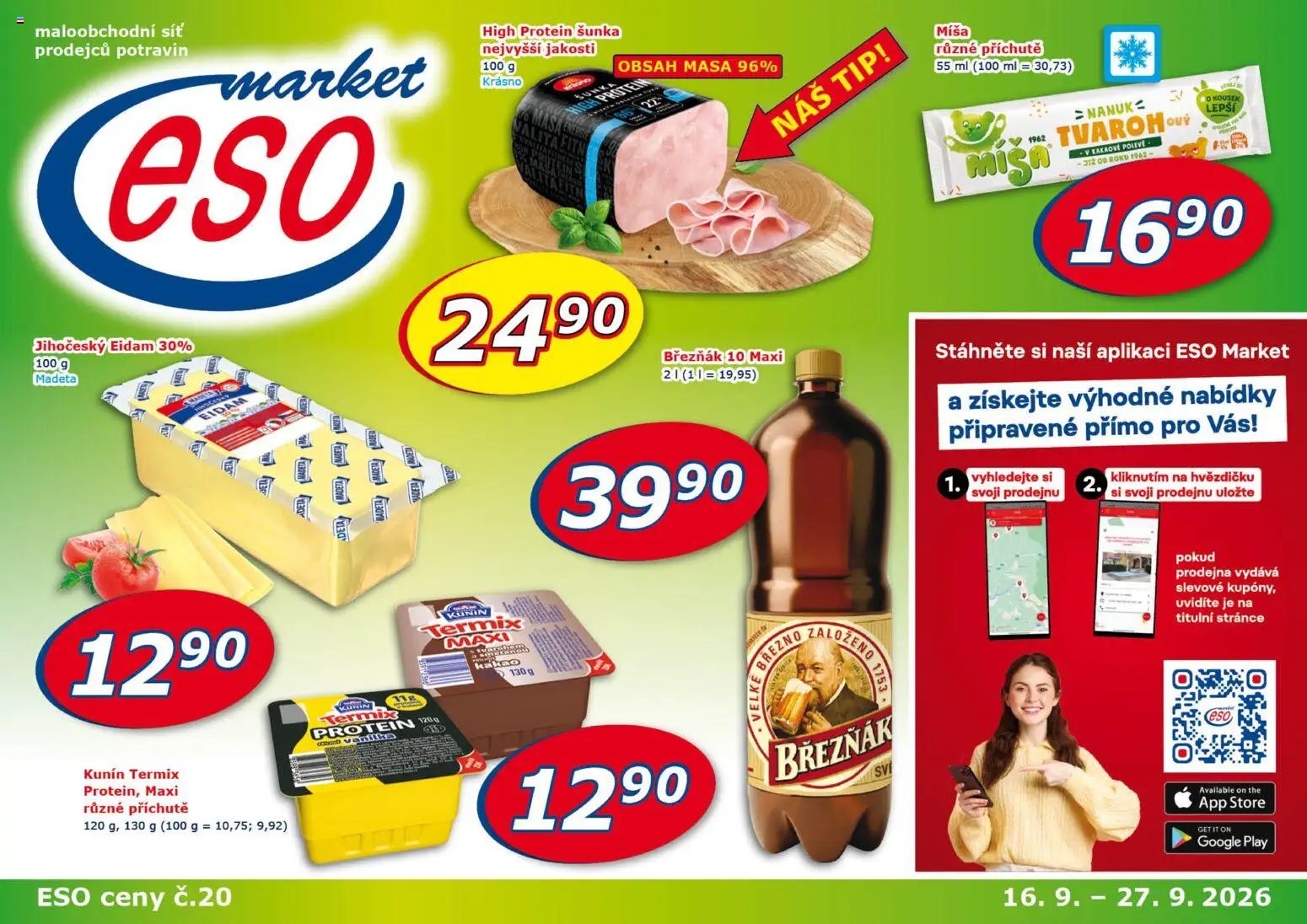 Eso market leták od 16.09.2026 | Strana: 1 | Produkty: Šunka, Termix, Eidam, Protein