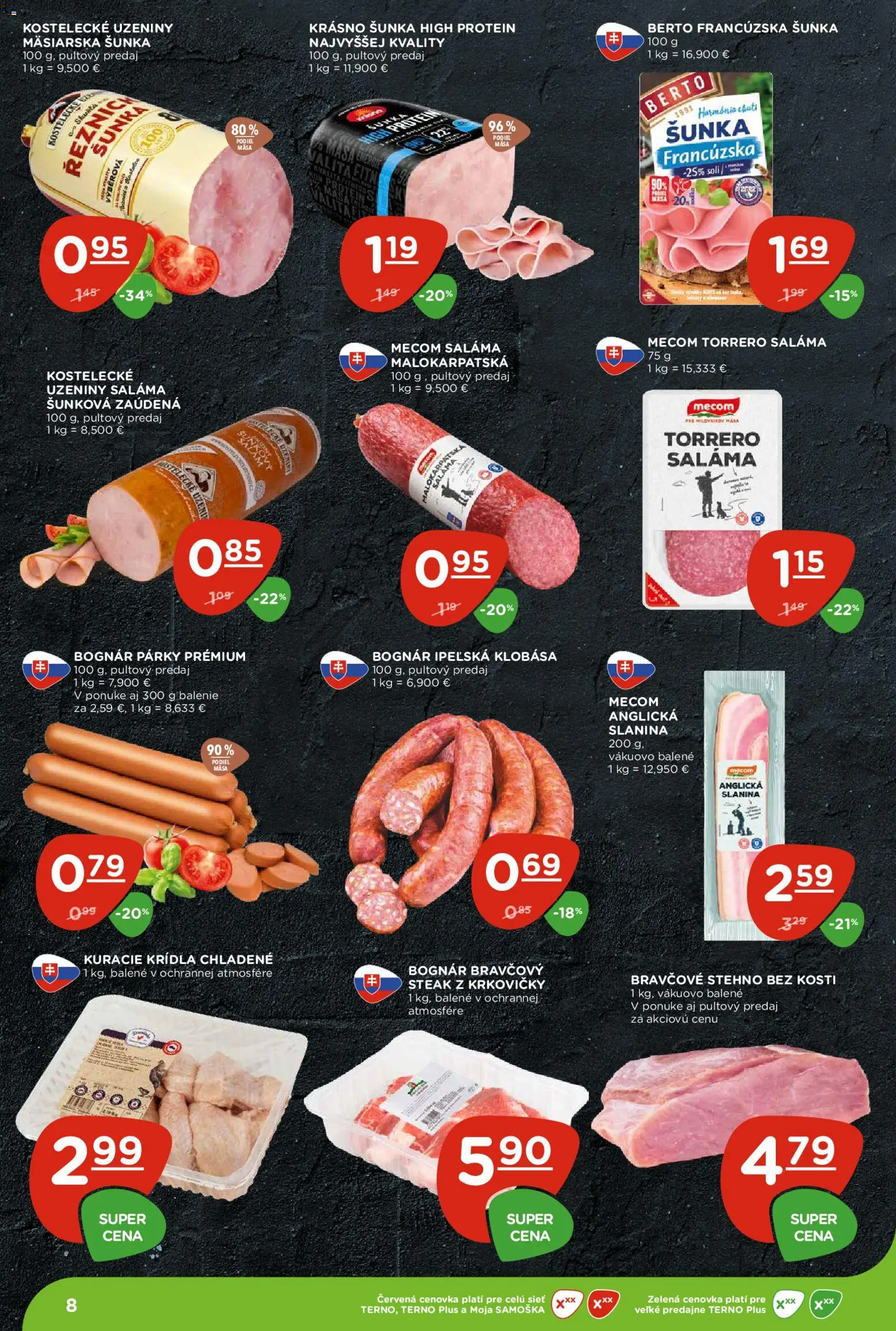 Nové Terno akcie – leták je platný od 25.06.2026 | Strana: 8 | Produkty: Slanina, Bravčové stehno, Párky, Steak