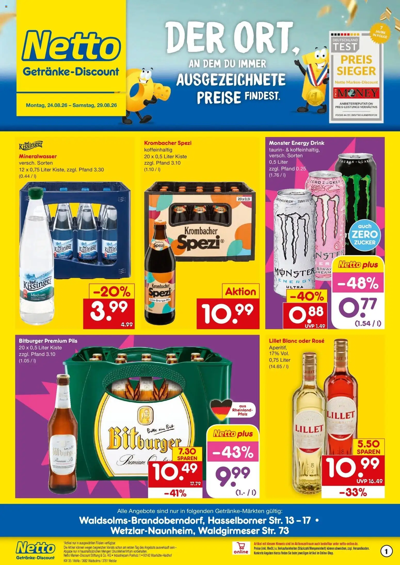 Netto Marken-Discount Prospekt Waldsolms-Brandoberndorf – gültig ab 24.08.2026 | Seite: 1 | Produkte: Bitburger, Energy, Pils, Mineralwasser