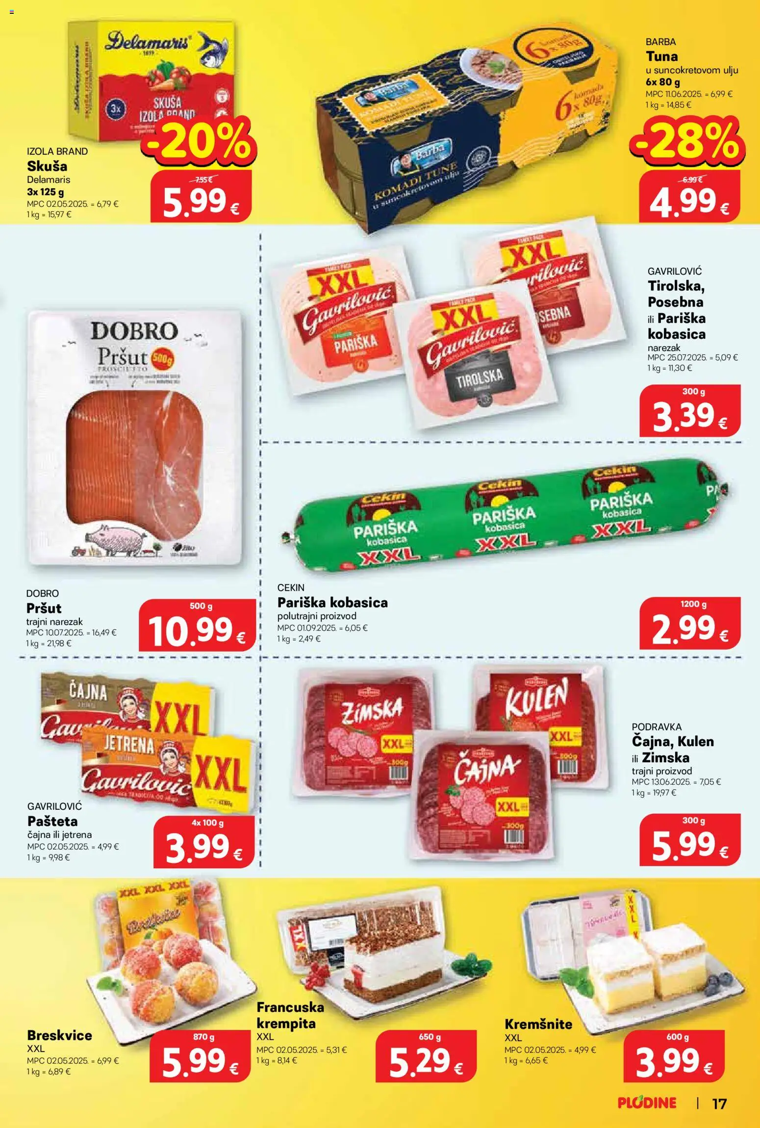 Plodine katalog | vrijedi od 13.05.2026 | Stranica: 17 | Proizvodi: Pašteta, Skuša, Kobasica, Tuna