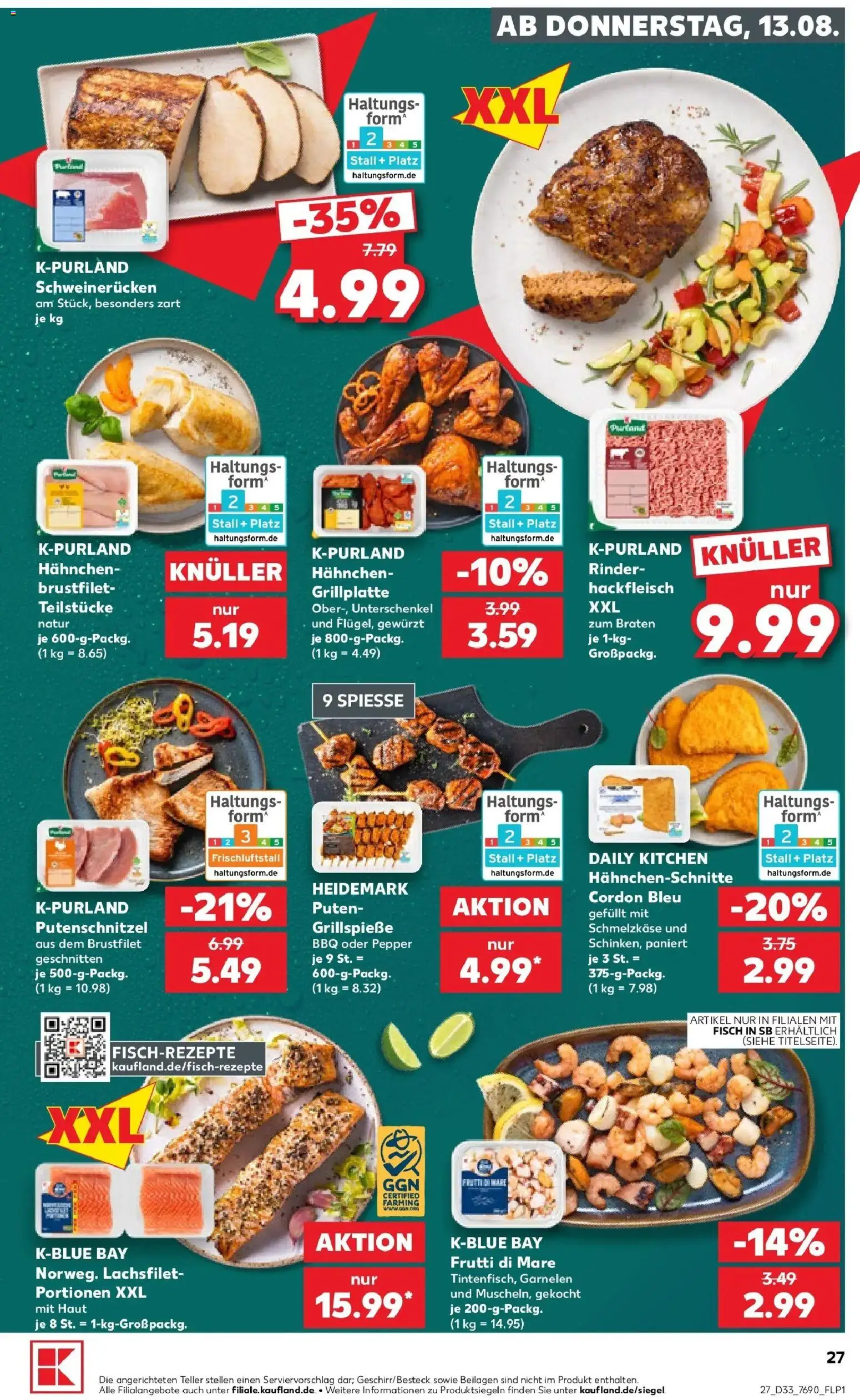Prospekt Kaufland ab 10.08.2026 » Angebote Online zum Blättern | Seite: 36 | Produkte: Spieße, Fisch, Putenschnitzel, Schweinerucken