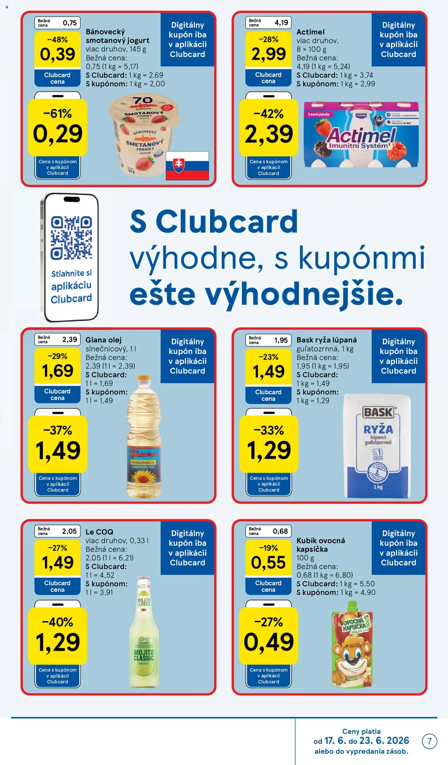 Nové Tesco akcie – leták je platný od 17.06.2026 | Strana: 7 | Produkty: Jogurt, Olej, Ryža, Actimel