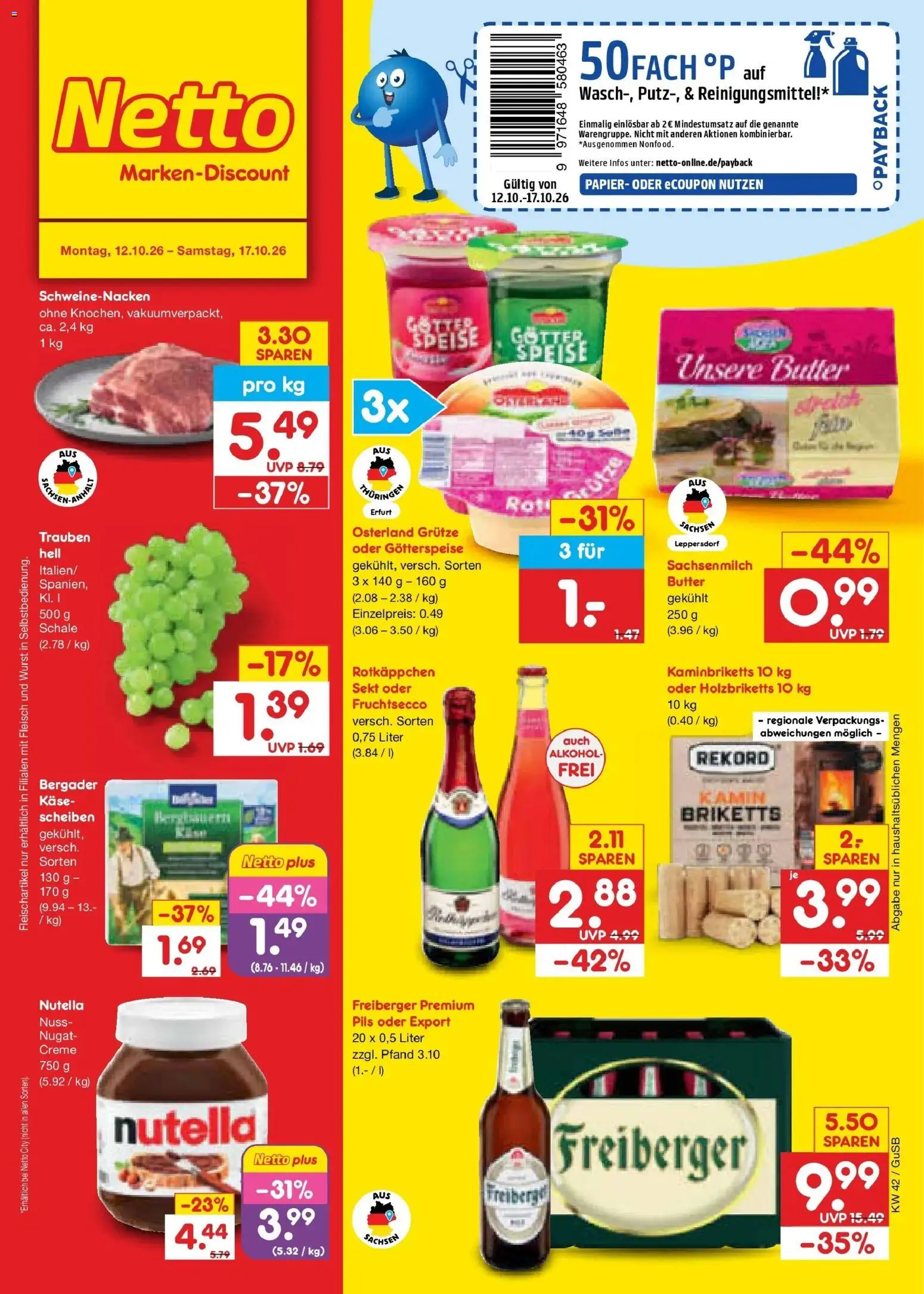 Netto Marken-Discount Prospekt Machern (ab 12.10.2026) » Angebote | Seite: 1 | Produkte: Kamin, Käse, Pils, Creme