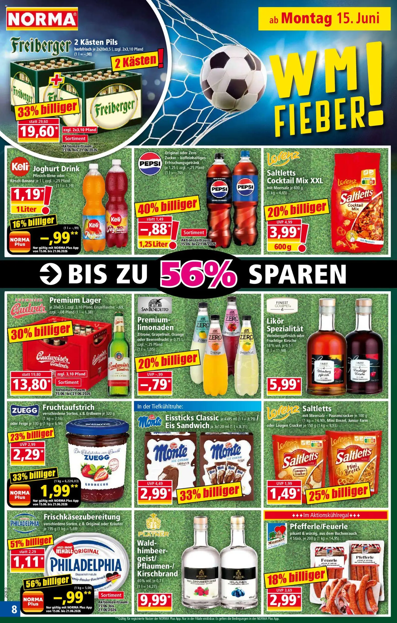 Norma Prospekt – gültig ab 15.06.2026 | Seite: 8 | Produkte: Pflaumen, Pfirsich, Pepsi, Budweiser
