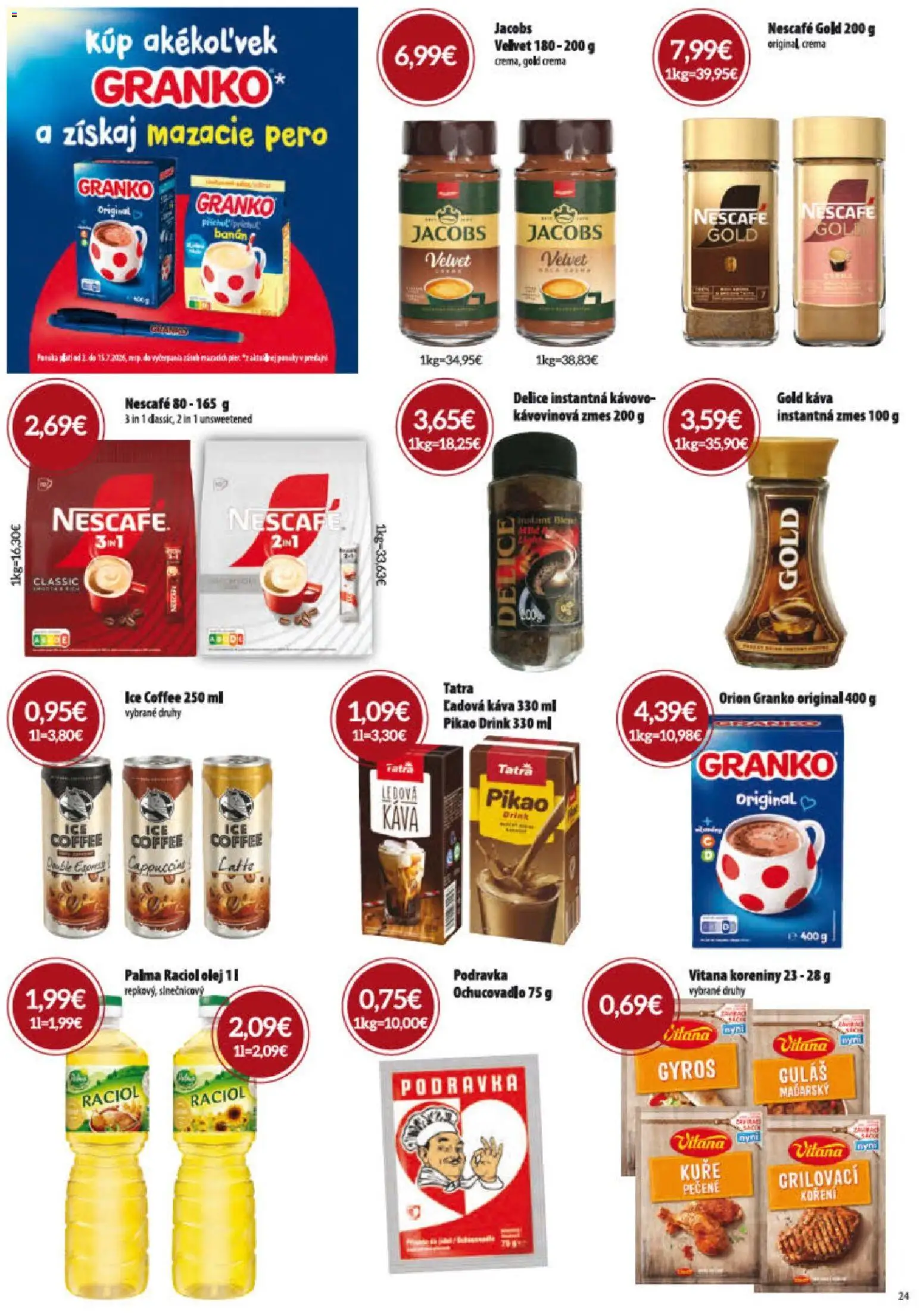 Nové KARMEN CBA akcie – leták je platný od 02.07.2026 | Strana: 24 | Produkty: Káva, Pero, Granko, Nescafé Gold