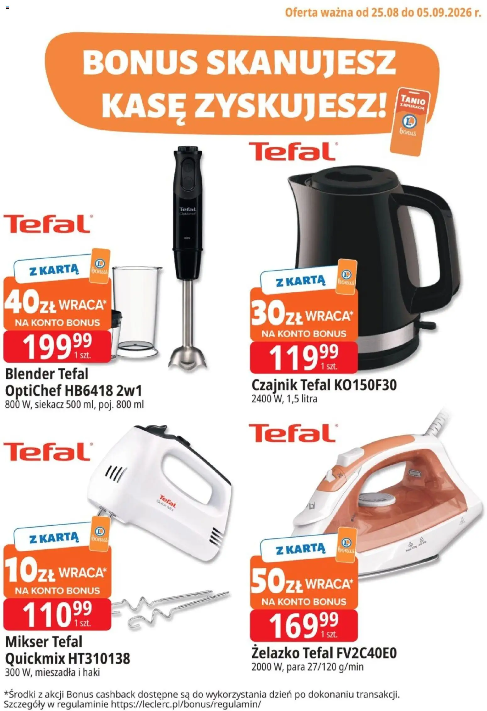 E.Leclerc gazetka - Bonus od 25.08.2026 | Strona: 6 | Produkty: Karta, Żelazko, Mikser, Żelazko tefal