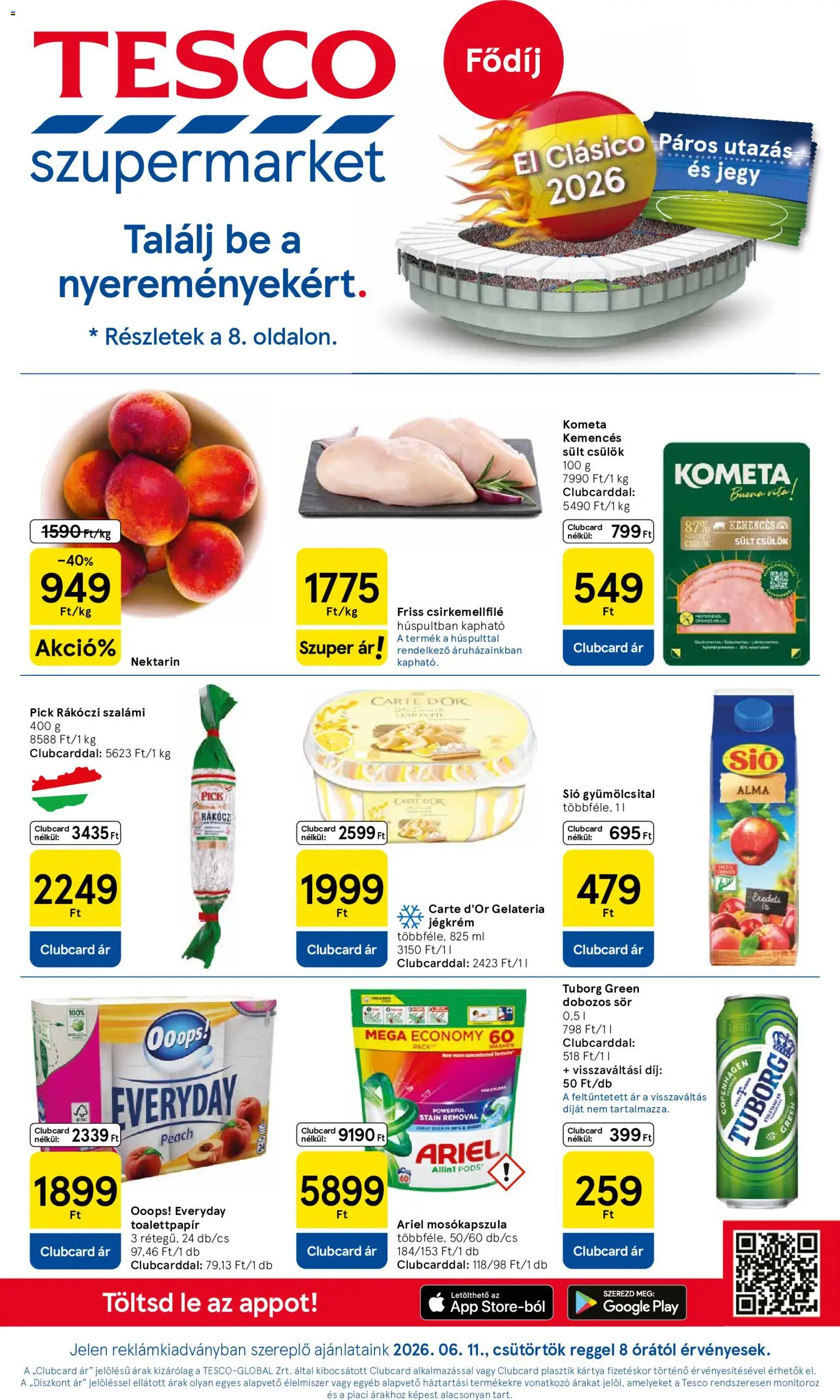 Tesco akciós ujság - amely érvényes a következő dátumtól: 11.06.2026 | Oldal: 1 | Termékek: Ariel, Dobozos sör, Sör, Jégkrém