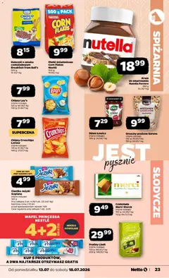 Pogląd oferty "Chipsy Lay's, Chipsy Lay's (różne rodzaje) 120 g; 66,58/1 kg 130 g; 61,46/1 kg" - ważna od 13.07.2026 | Strona: 23 | Produkty: Praliny, Płatki, Orzechy, Corn Flakes