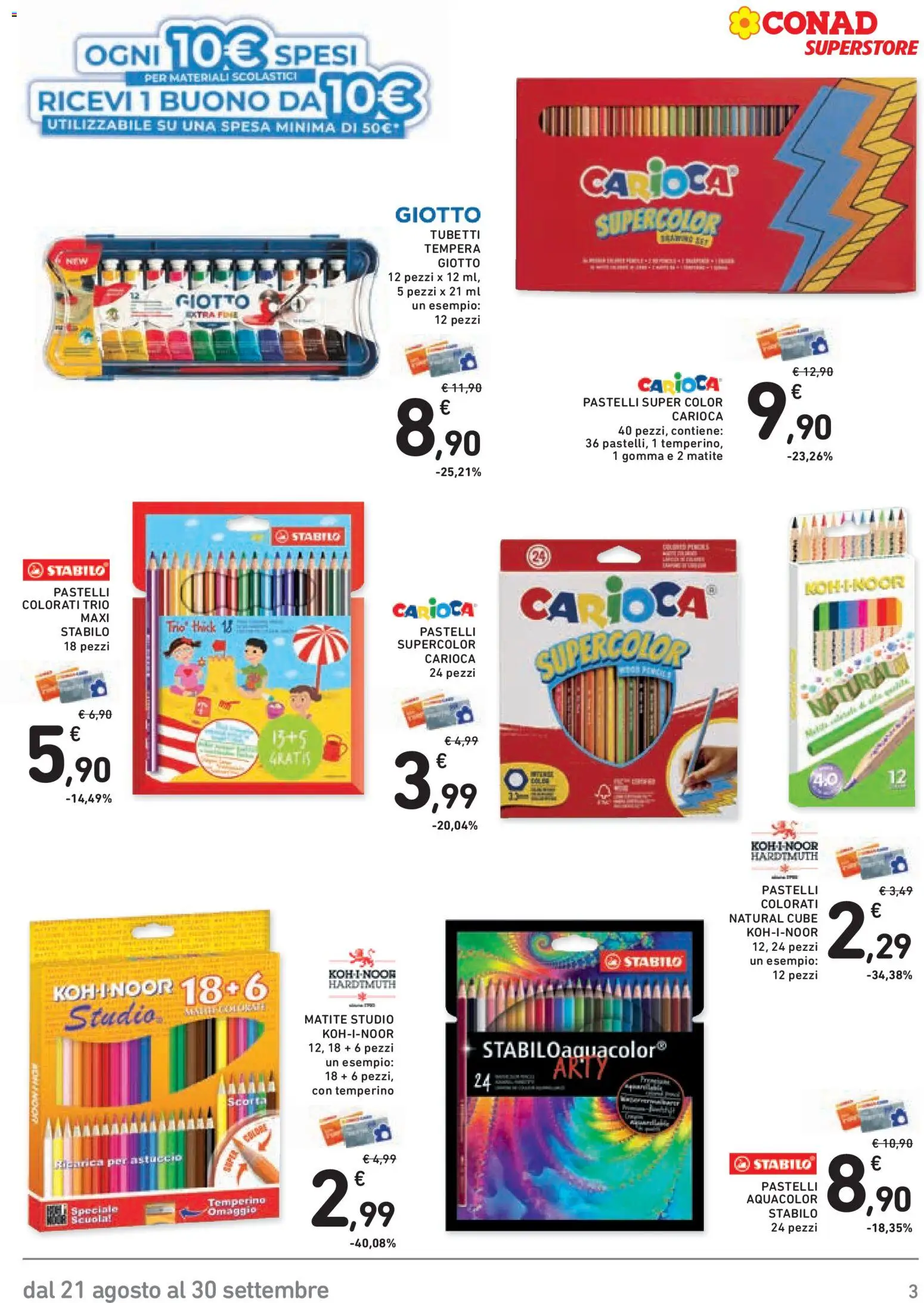 Volantino Conad del 21/08/2026 | Pagina: 3 | Prodotti: Astuccio, Temperino, Matite colorate, Pastelli