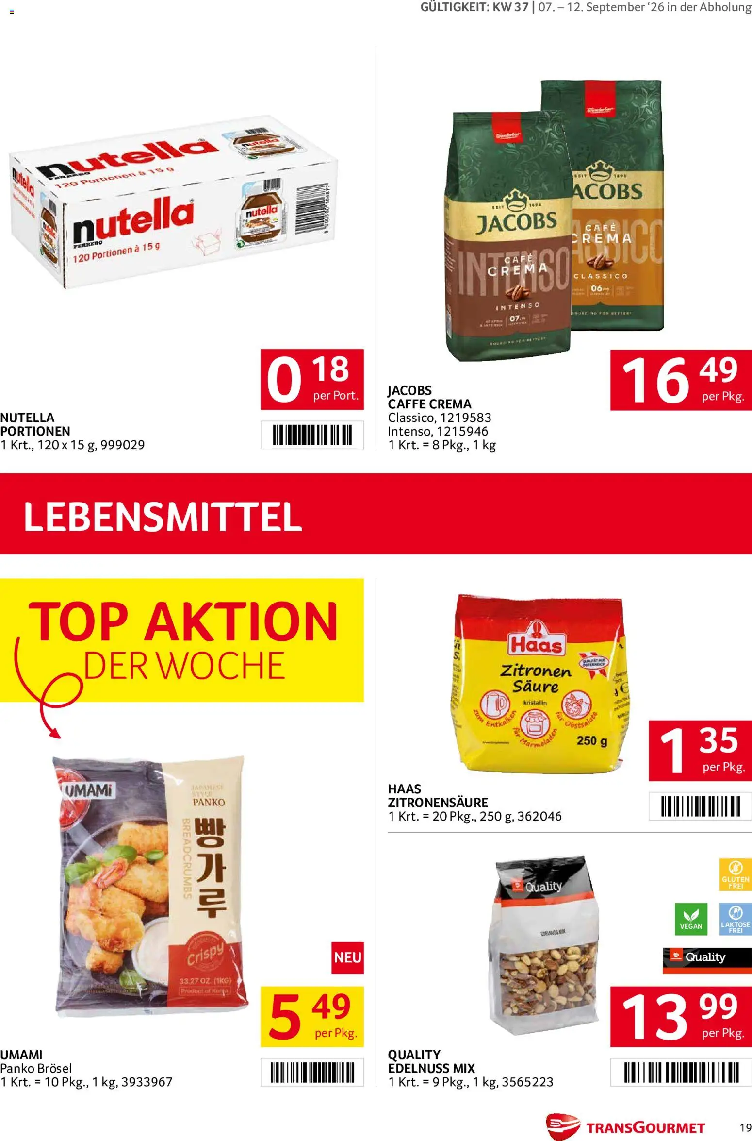 Transgourmet Flugblatt gültig ab 07.09.2026 | Seite: 19 | Produkte: Nutella, Lebensmittel