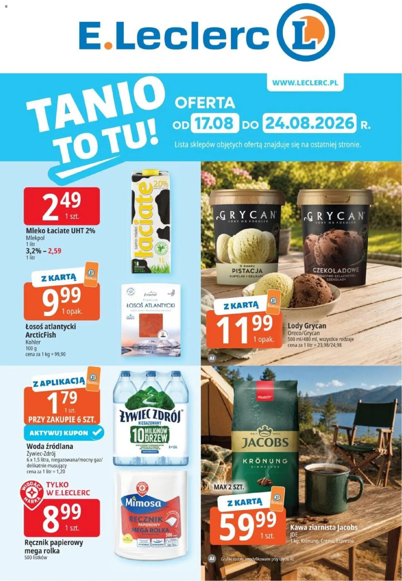 E.Leclerc gazetka od 17.08.2026 | Strona: 1 | Produkty: Grycan, Łosoś, Lody, Ręcznik papierowy