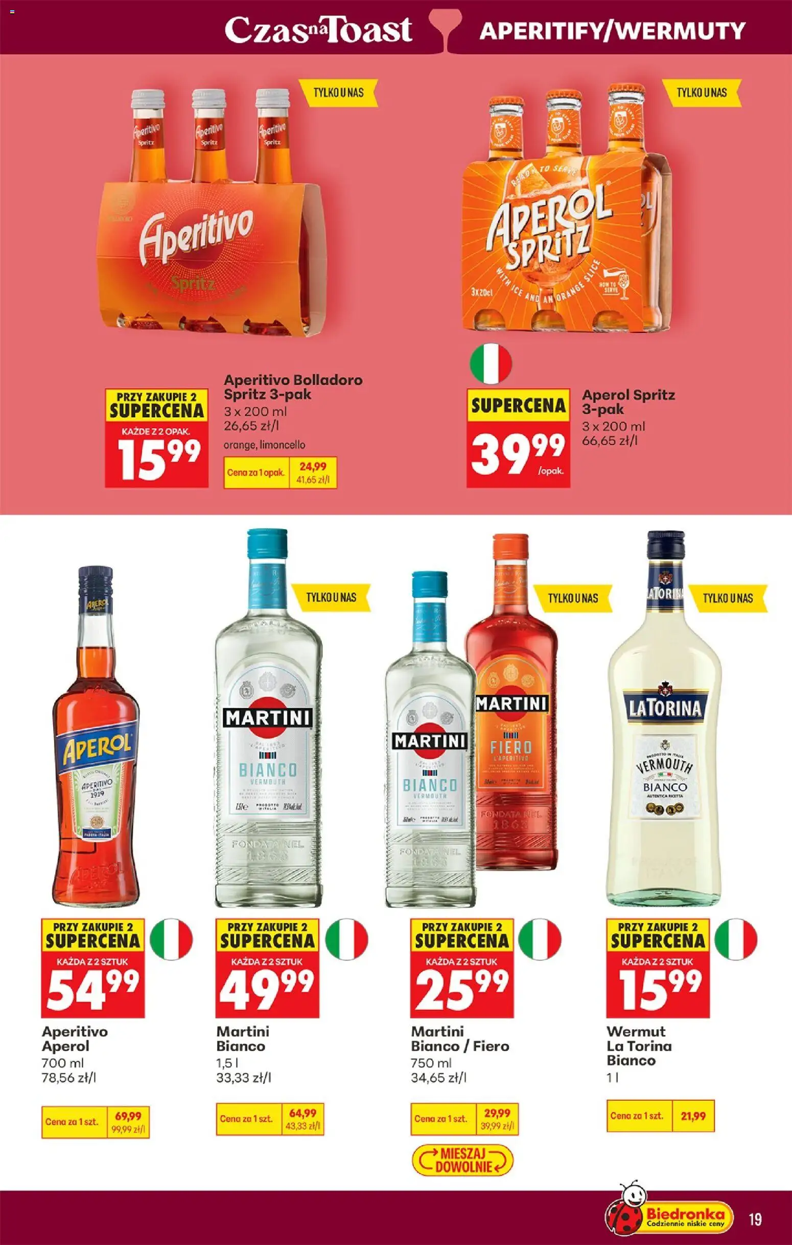 Biedronka gazetka - Czas na toast od 29.06.2026 | Strona: 19 | Produkty: Martini, Limoncello, Aperol, Martini Bianco
