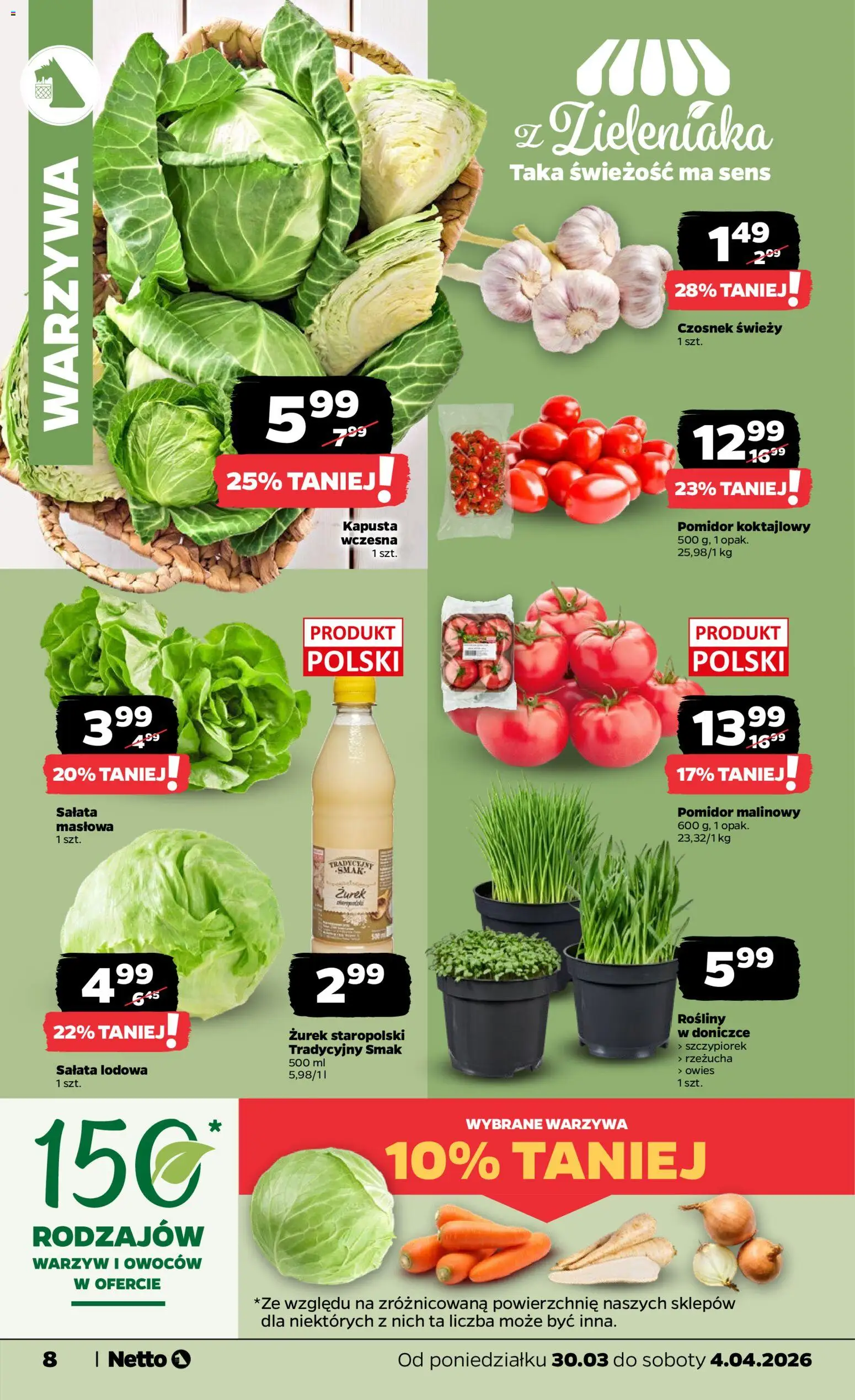 Netto gazetka od poniedziałku spożywcza od 30.03.2026 | Strona: 8 | Produkty: Kapusta, Zurek, Rosliny, Warzywa