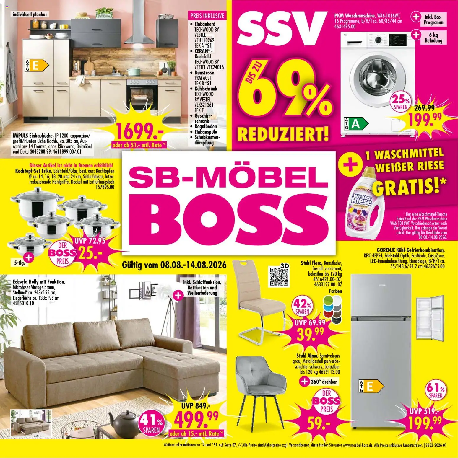 SB Möbel Boss Prospekt – gültig ab 08.08.2026 | Seite: 1 | Produkte: Ecksofa, Stuhl, Kühlschrank, Waschmittel