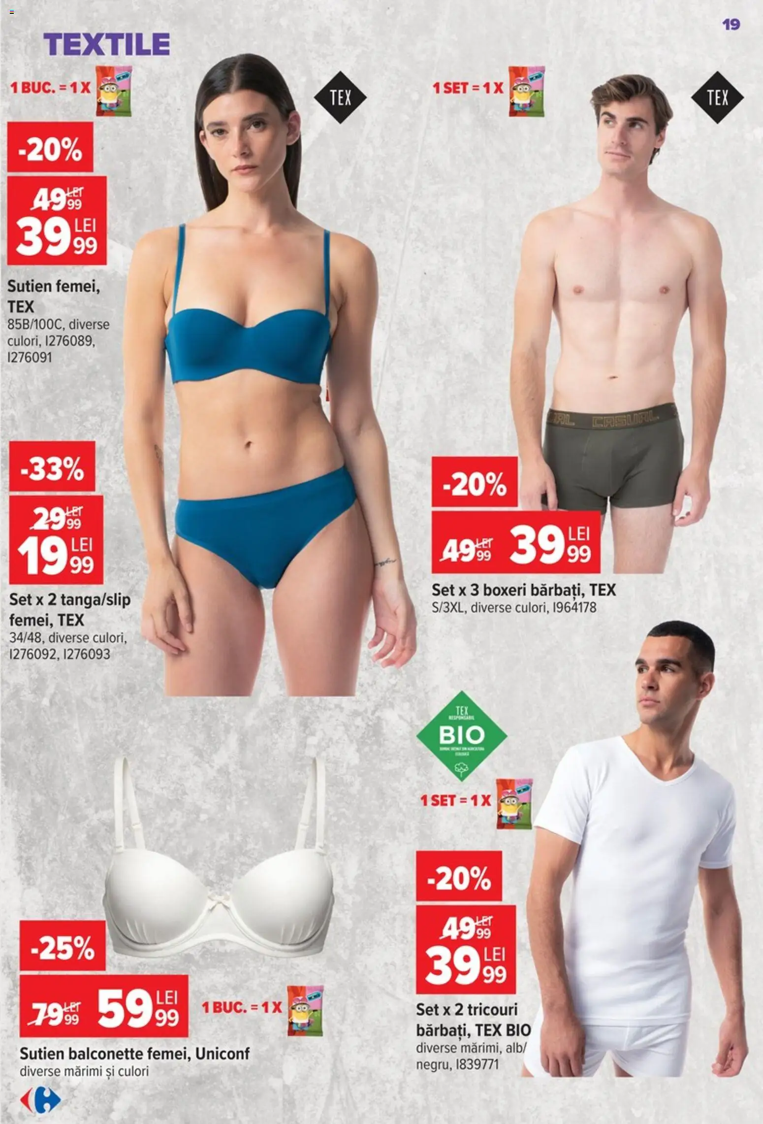 Noul catalog Carrefour – valabil de la 09.09.2026 | Pagină: 19 | Produse: Bio, Sutien, Boxeri, Tex