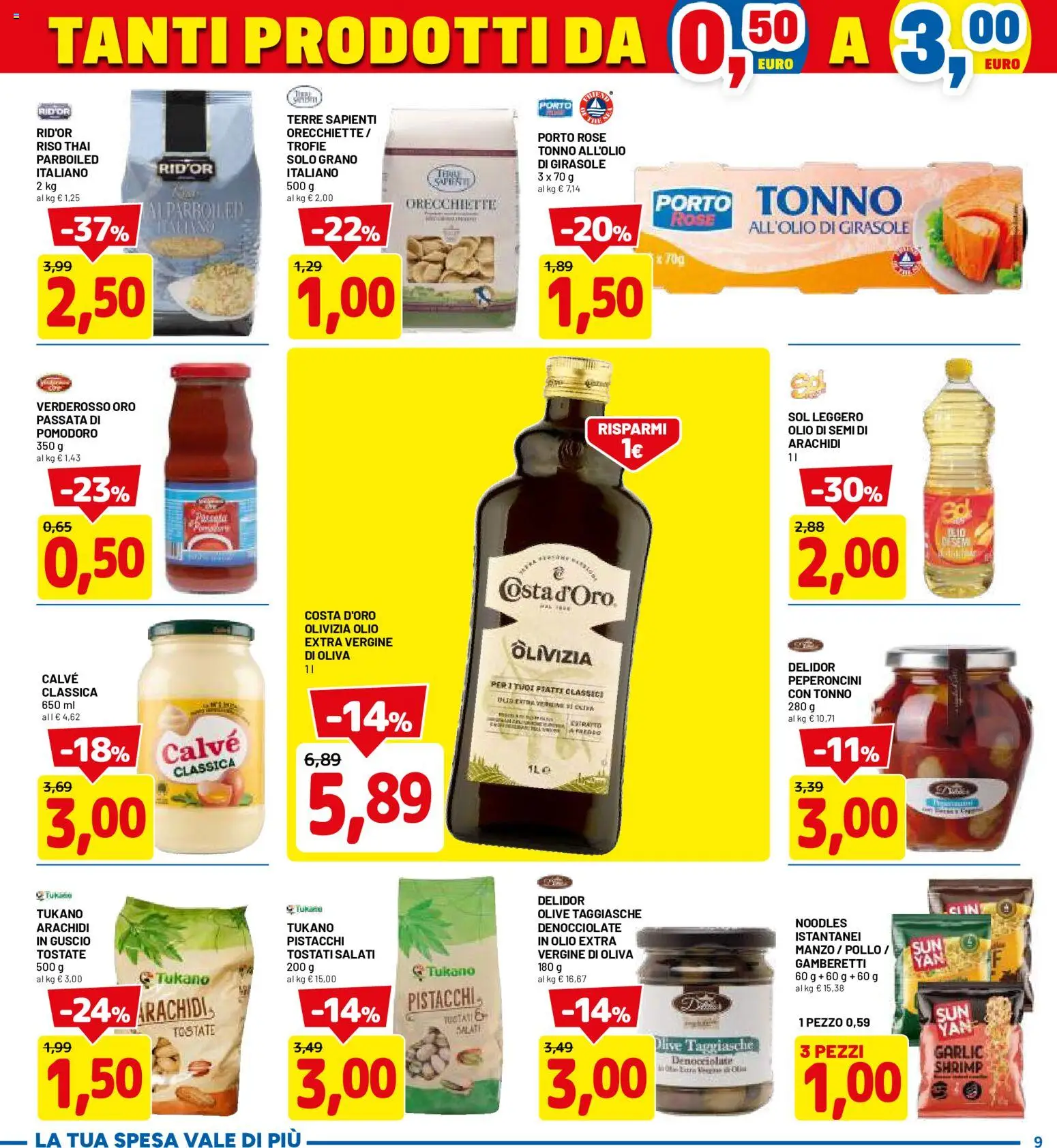 Volantino D Più del 14.05.2026 | Pagina: 9 | Prodotti: Riso, Olio extra vergine, Orecchiette, Gamberetti