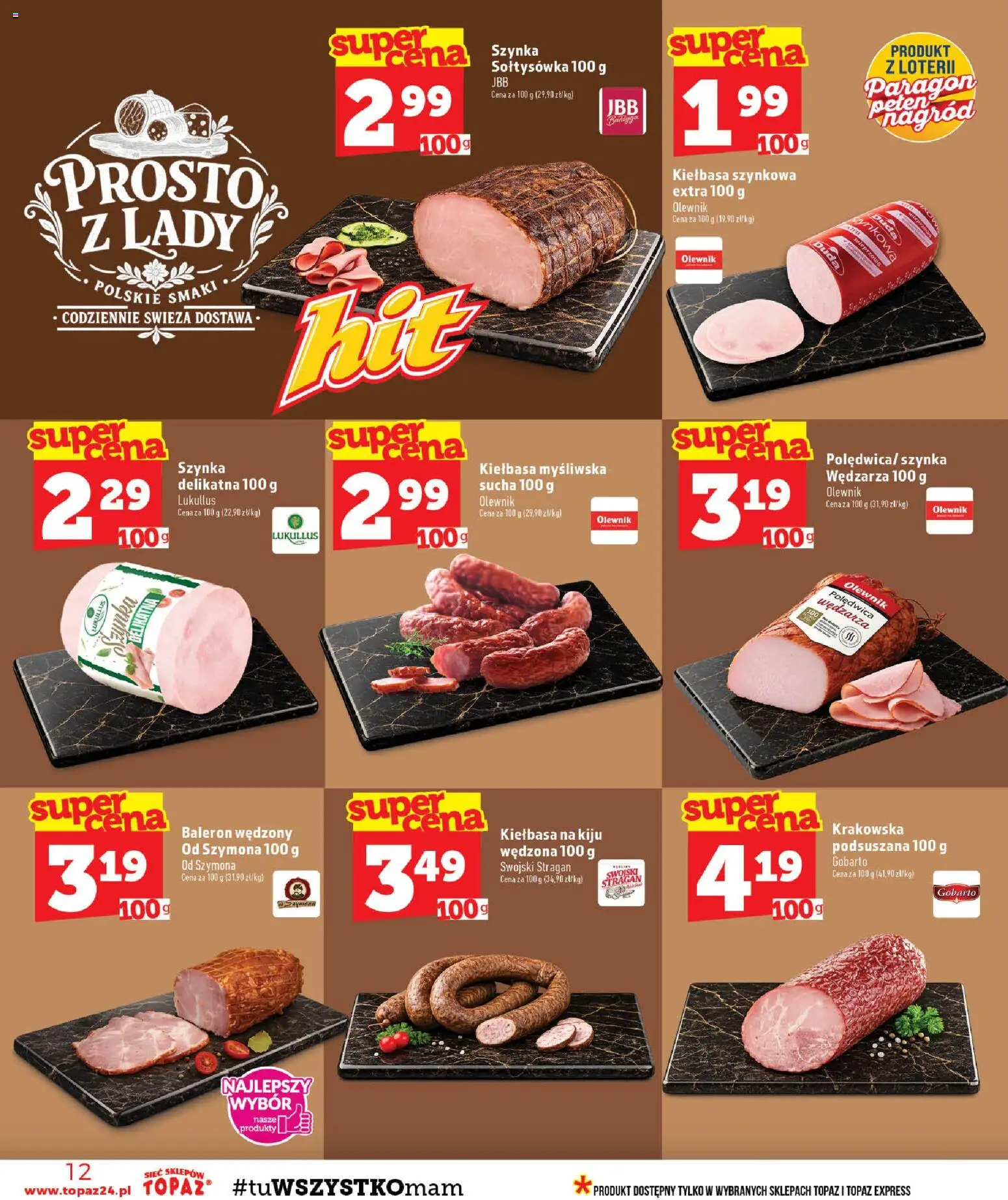 Topaz gazetka od 20.08.2026 | Strona: 12 | Produkty: Kiełbasa, Myśliwska, Szynka, Kiełbasa myśliwska