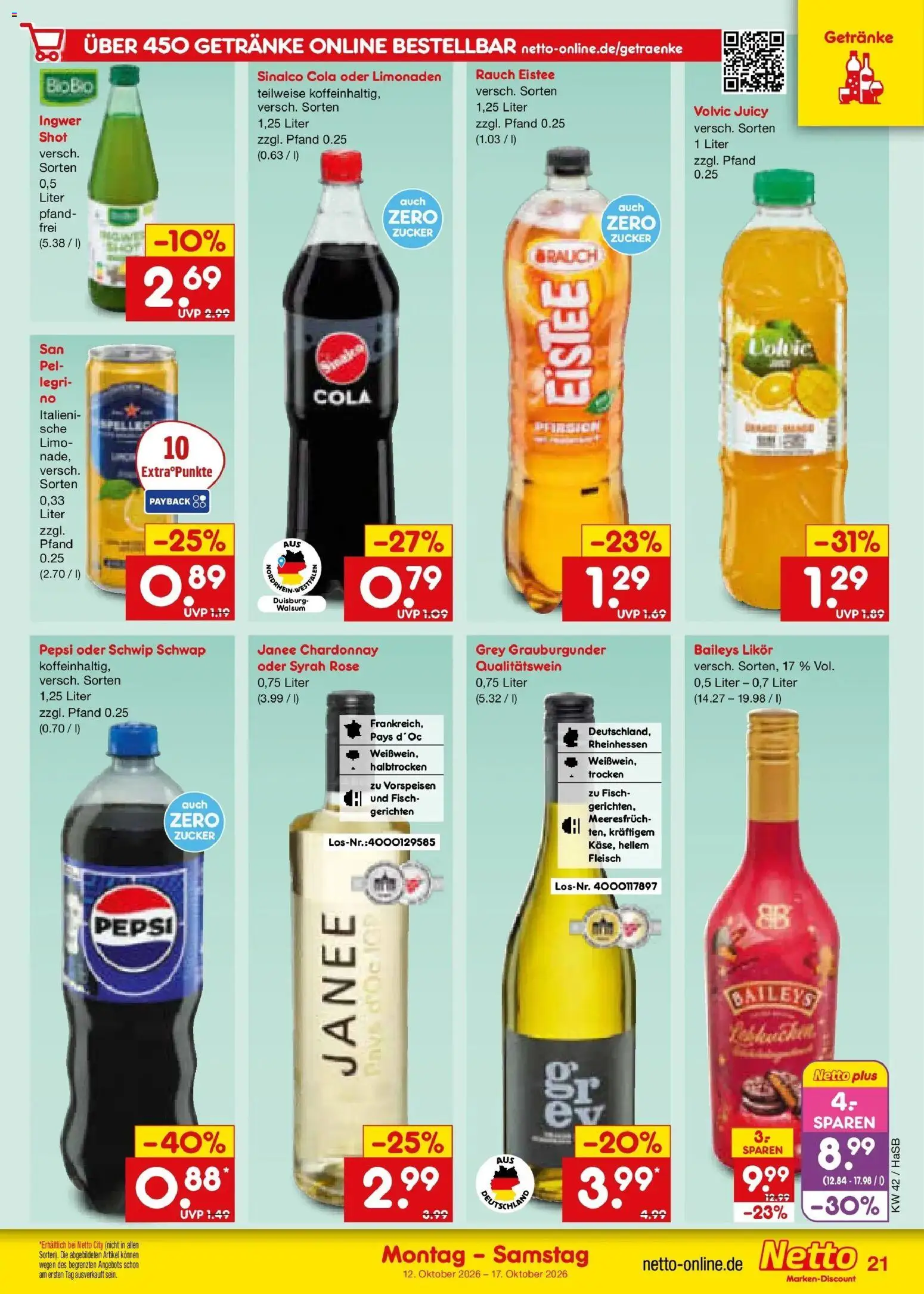 Netto Marken-Discount Prospekt Unna (ab 12.10.2026) » Angebote | Seite: 25 | Produkte: Sinalco, Baileys, Pepsi, Fleisch