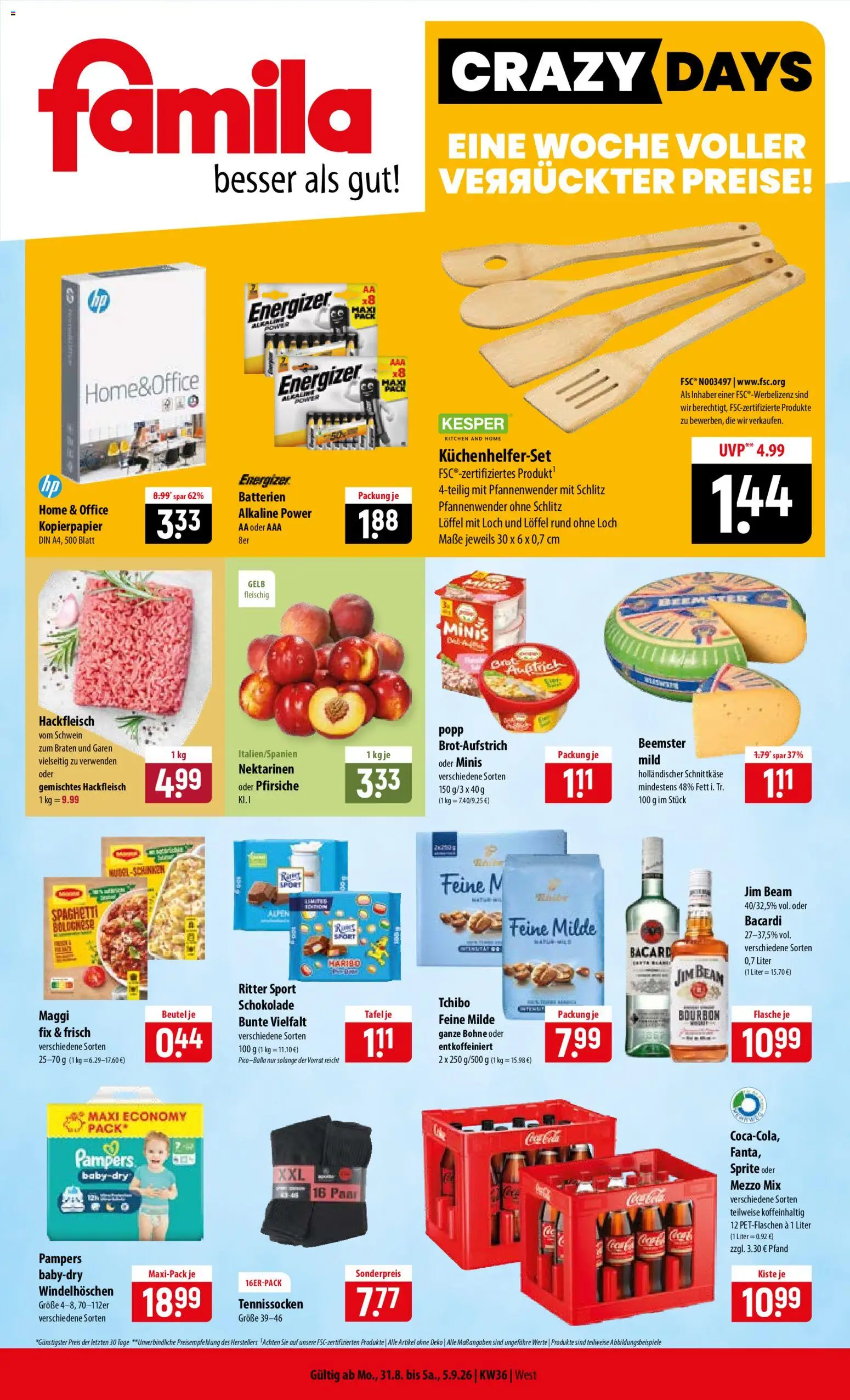 Famila Prospekt – gültig ab 31.08.2026 | Seite: 1 | Produkte: Bacardi, Mezzo mix, Batterien, Bourbon