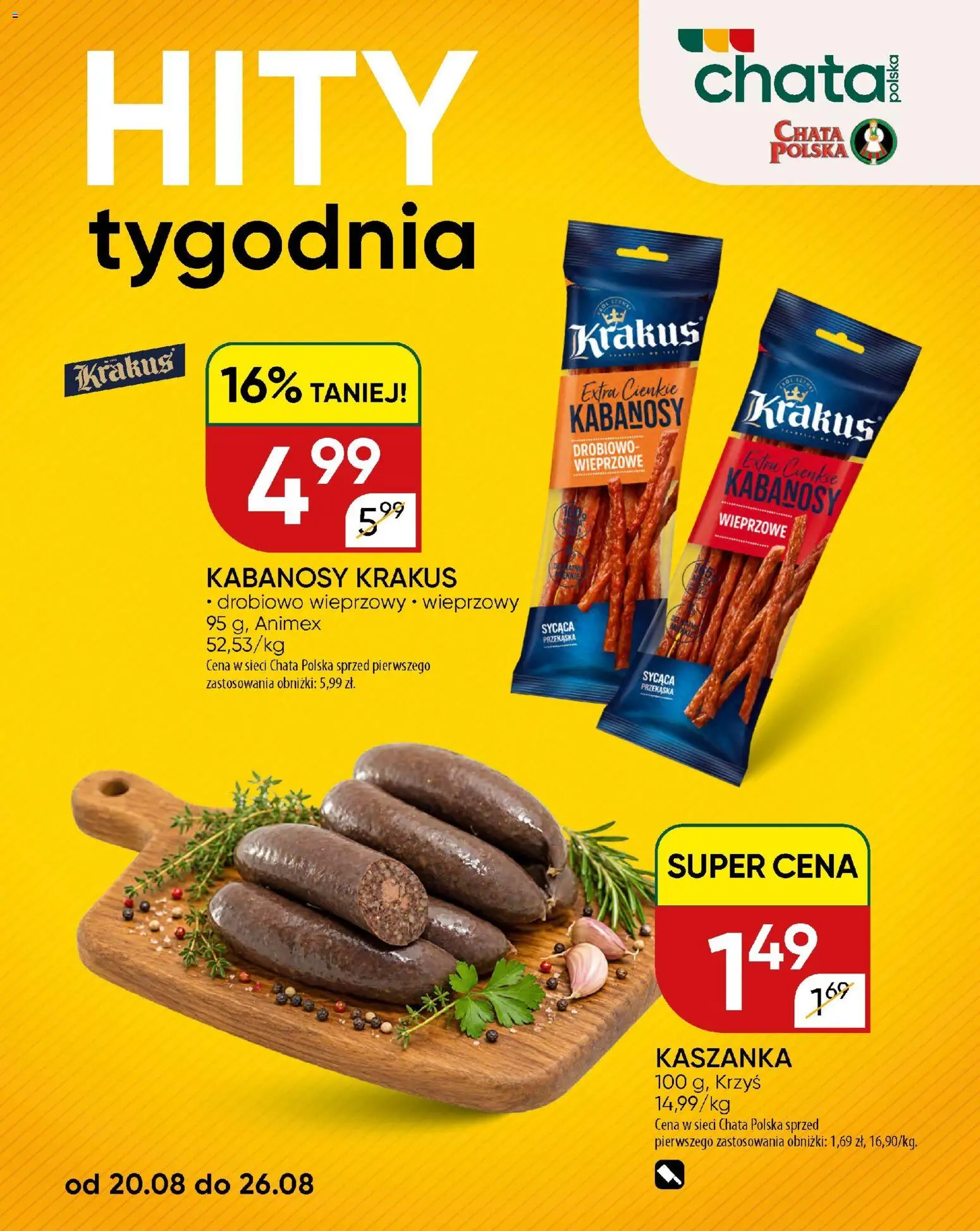 Chata Polska gazetka od 27.08.2026 | Strona: 22 | Produkty: Kabanosy, Kaszanka, Kabanosy wieprzowe